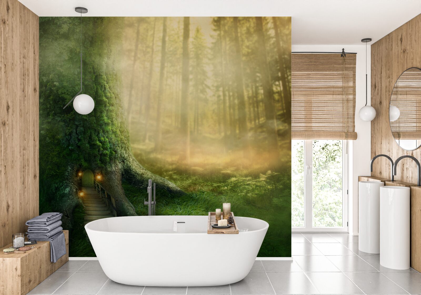 Fototapet pădurea verde este învăluită în ceață groasă