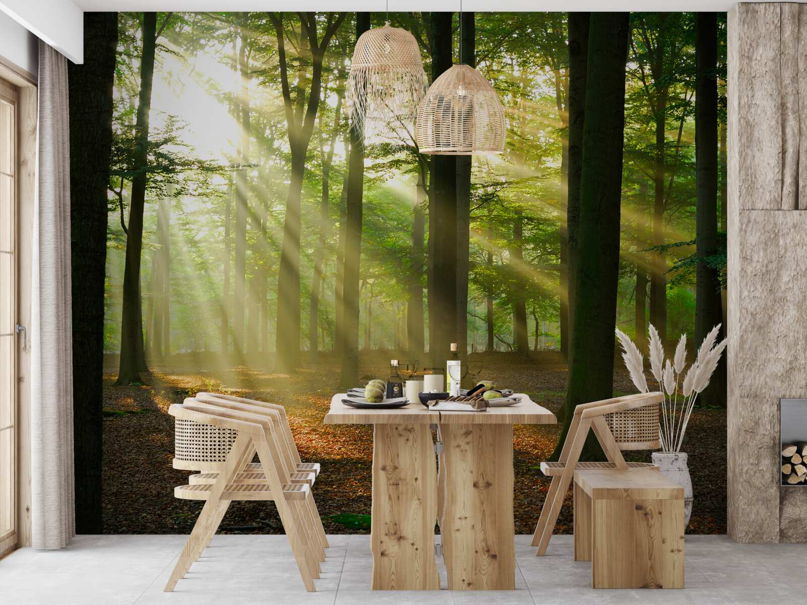 Fototapet razele soarelui pătrund în ceața dimineții în deșert