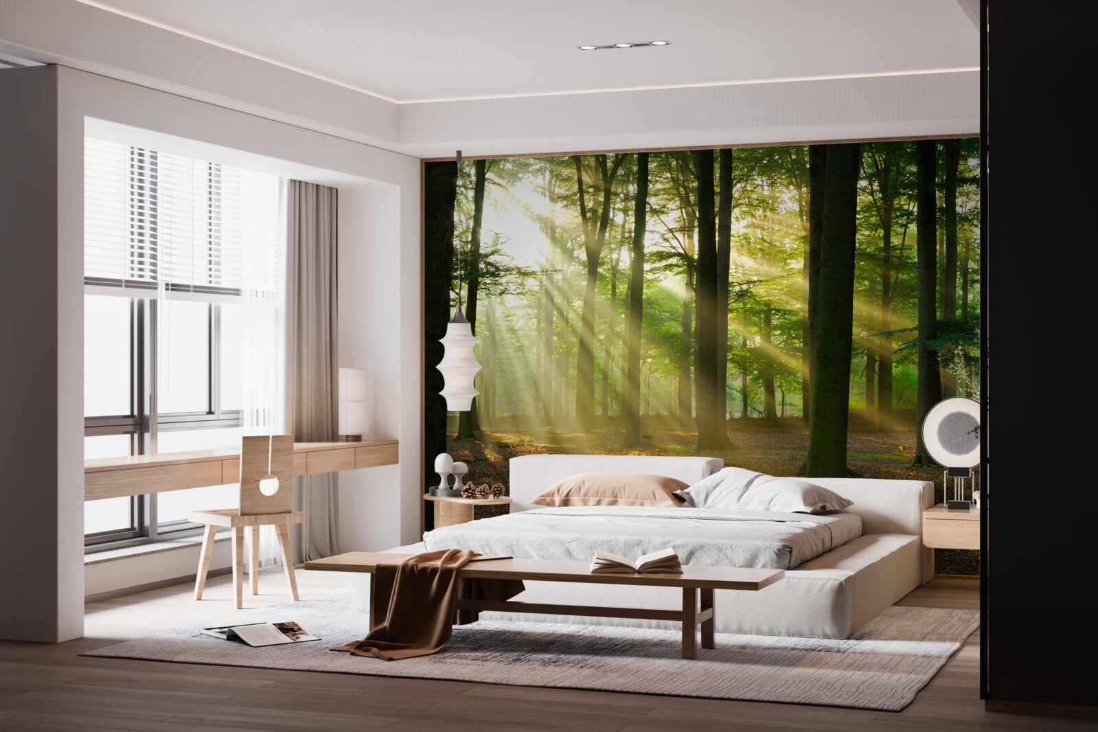 Fototapet razele soarelui pătrund în ceața dimineții în deșert