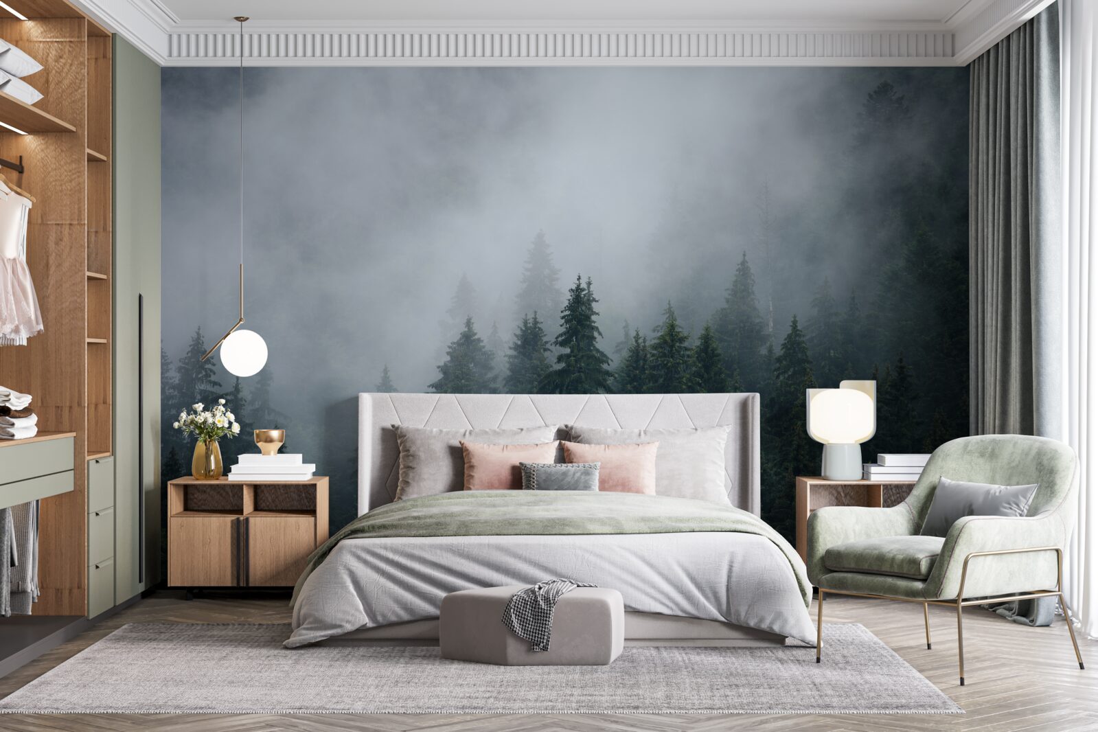 Fototapet ceața coboară pe o livadă de molizi