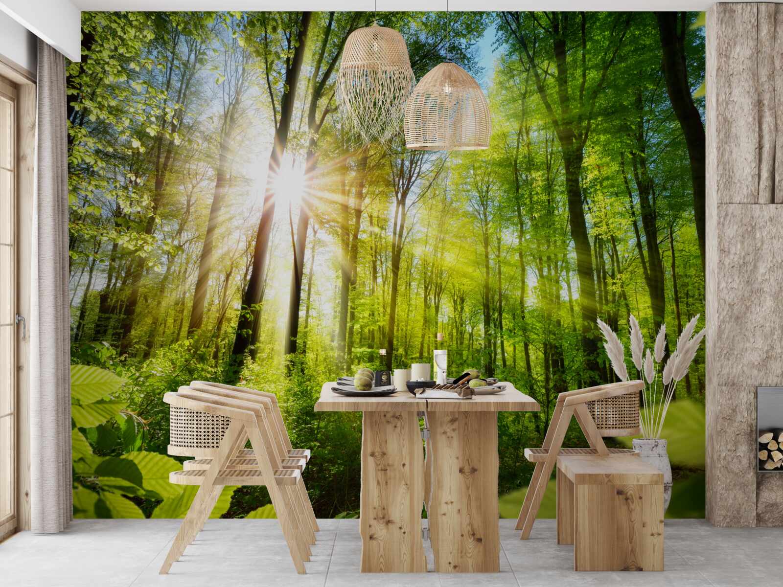 Fototapet soare de dimineață într-o pădure verde