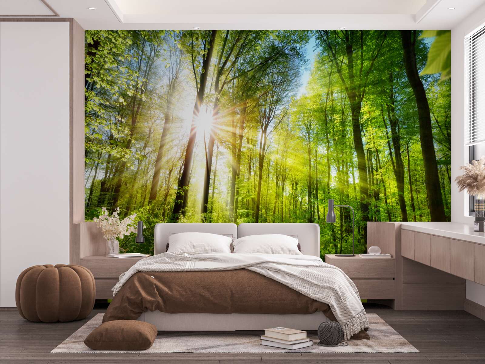 Fototapet soare de dimineață într-o pădure verde