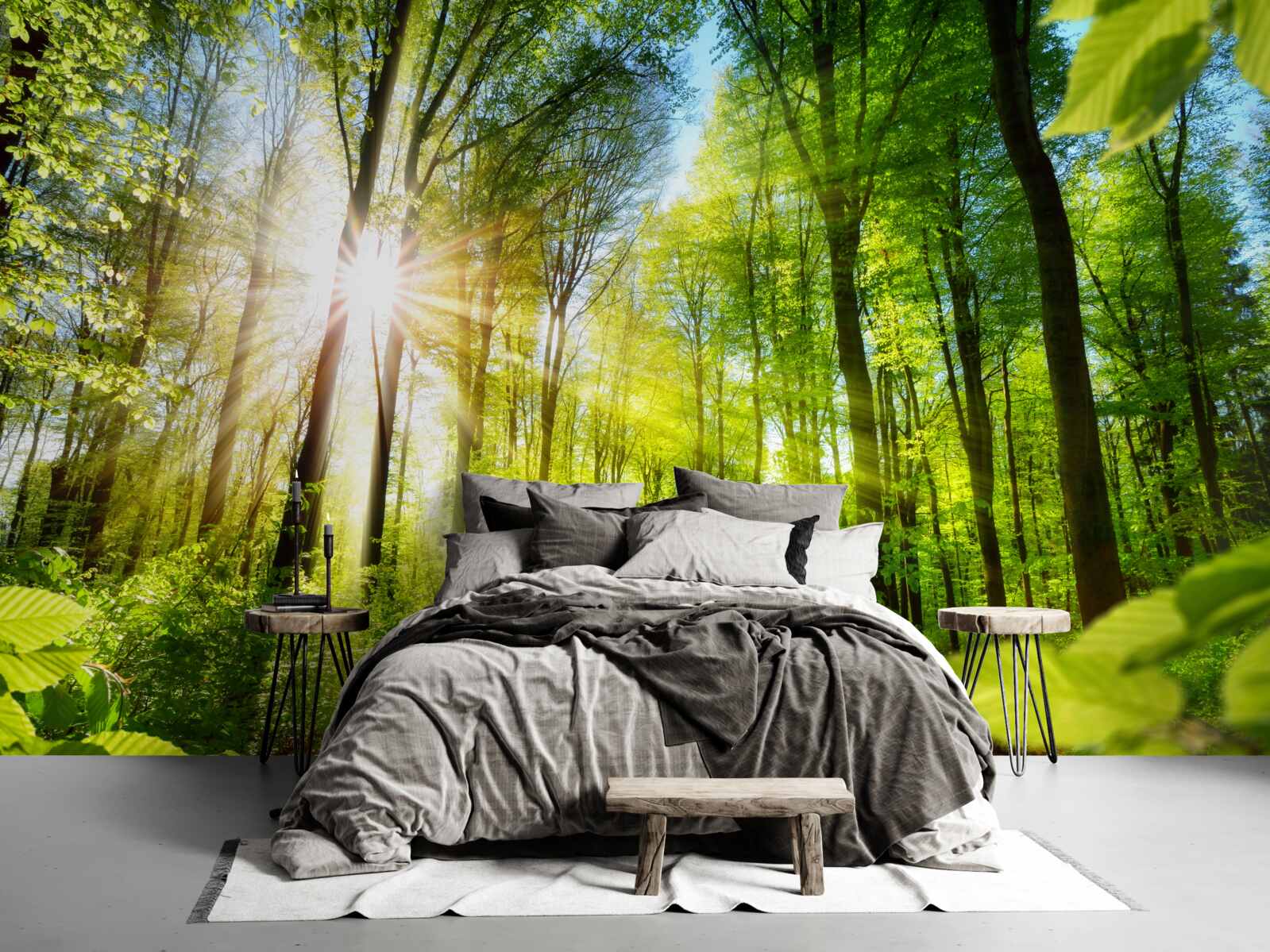 Fototapet soare de dimineață într-o pădure verde