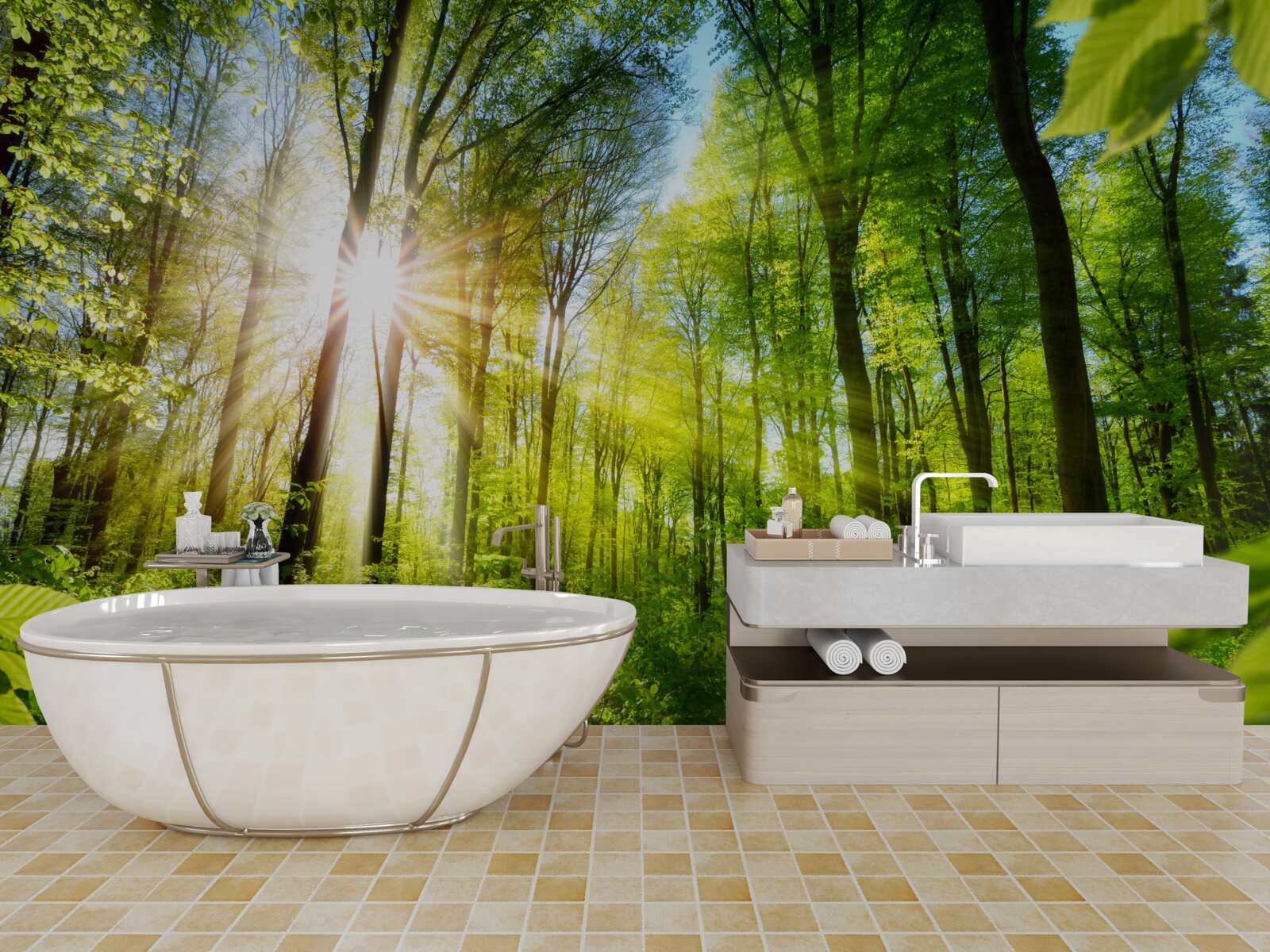 Fototapet soare de dimineață într-o pădure verde