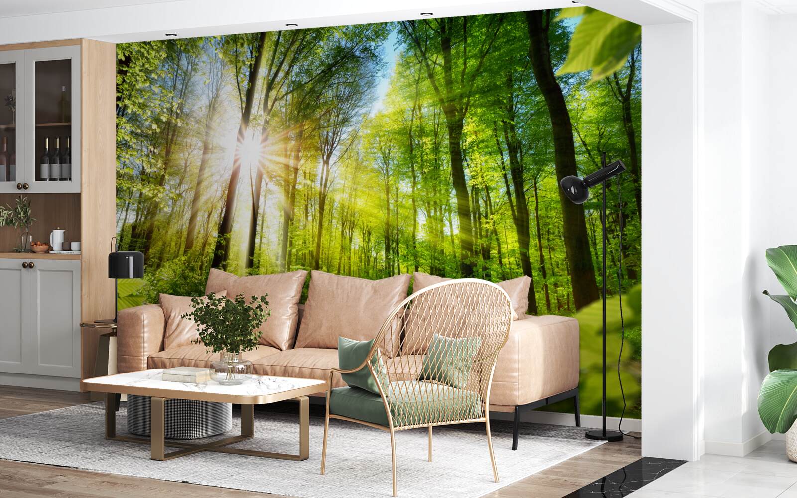 Fototapet soare de dimineață într-o pădure verde