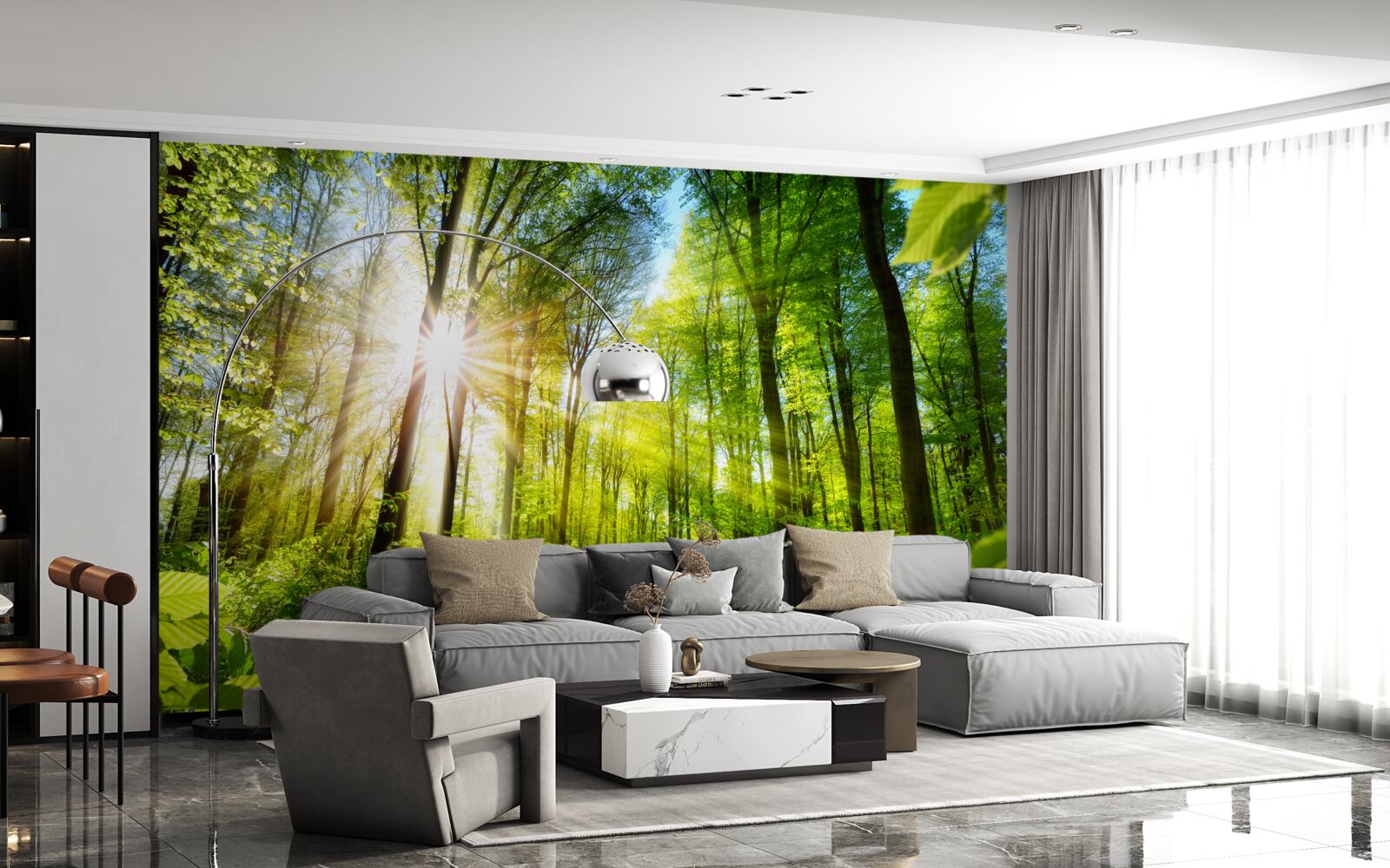 Fototapet soare de dimineață într-o pădure verde