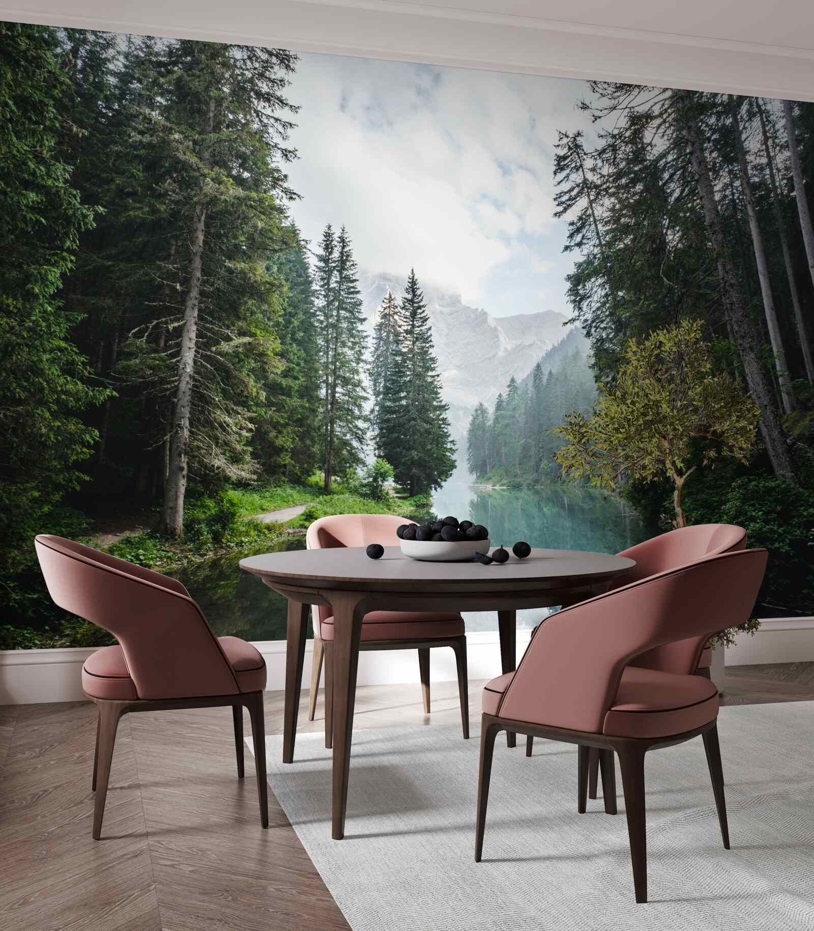 Fototapet un iaz liniștit într-o livadă de pini