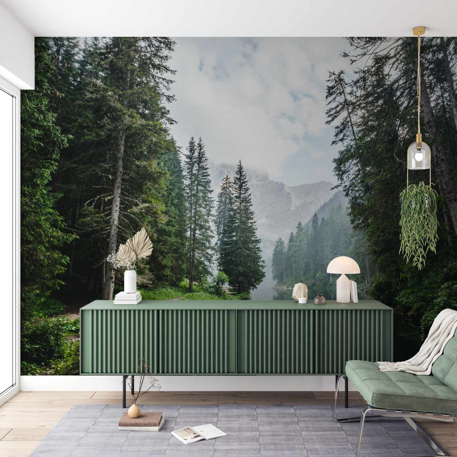 Fototapet un iaz liniștit într-o livadă de pini