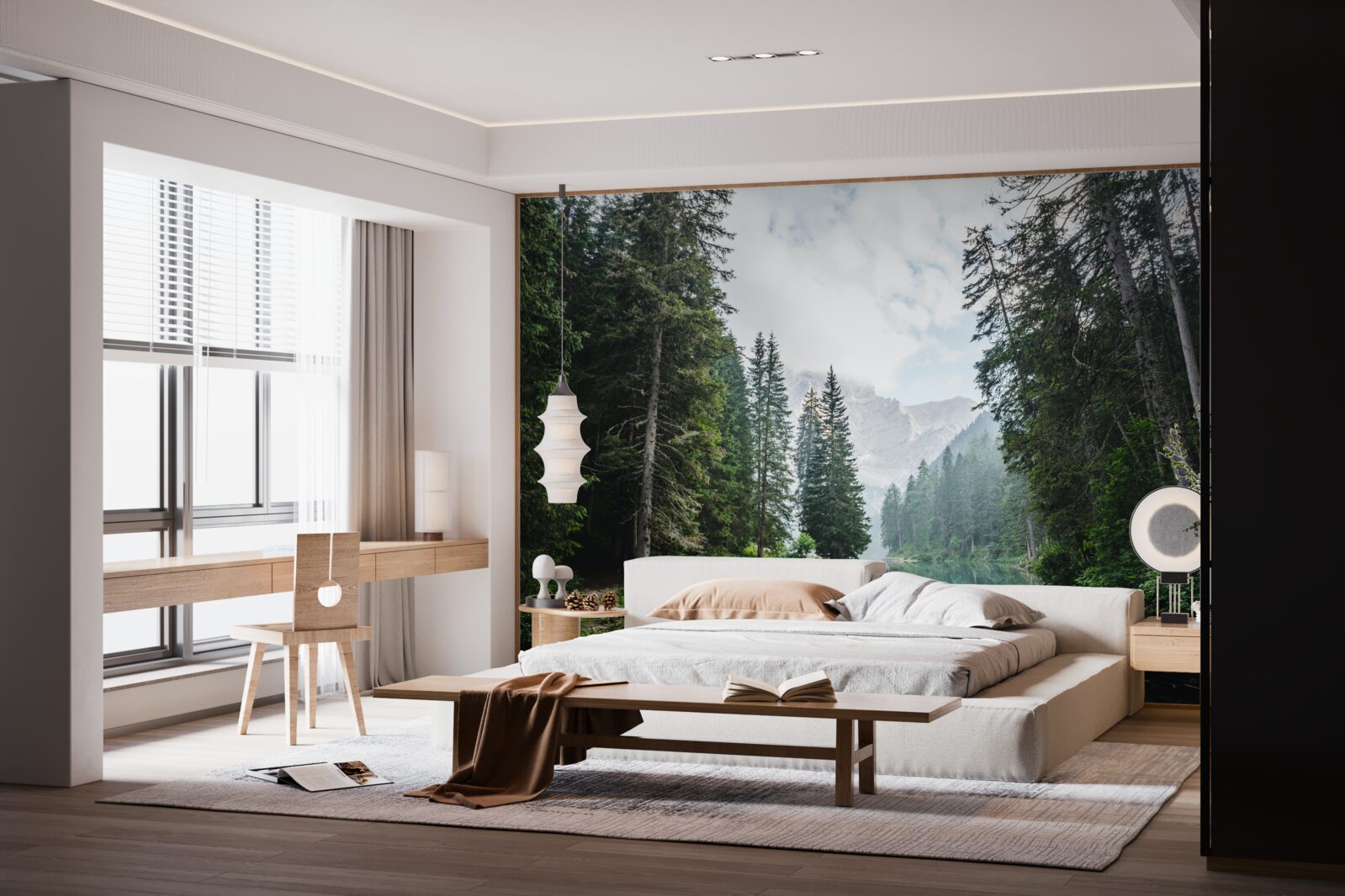 Fototapet un iaz liniștit într-o livadă de pini