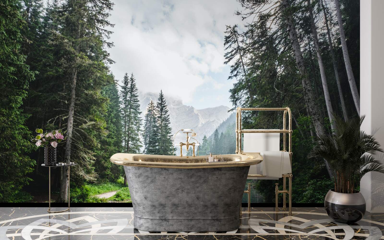 Fototapet un iaz liniștit într-o livadă de pini