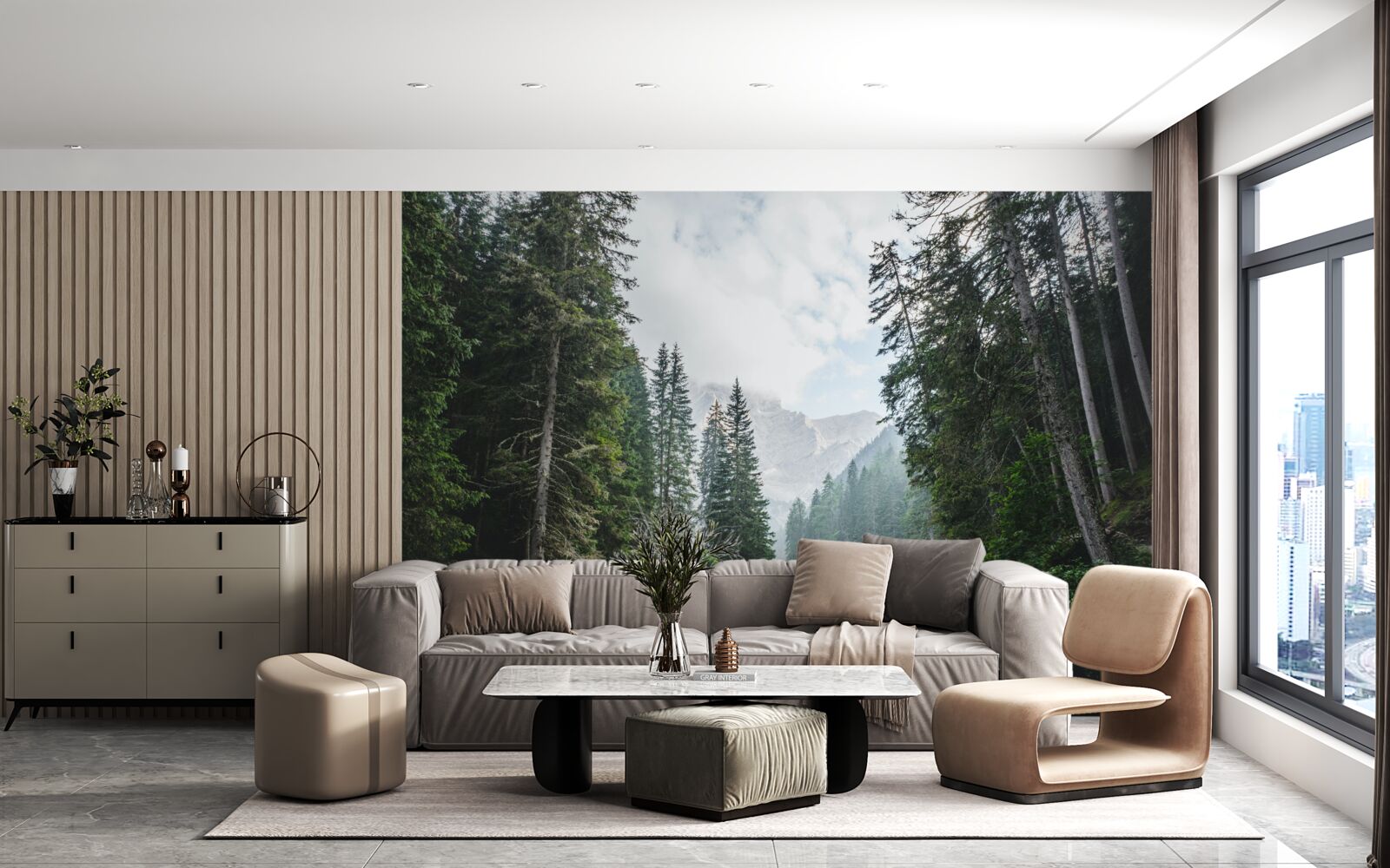 Fototapet un iaz liniștit într-o livadă de pini