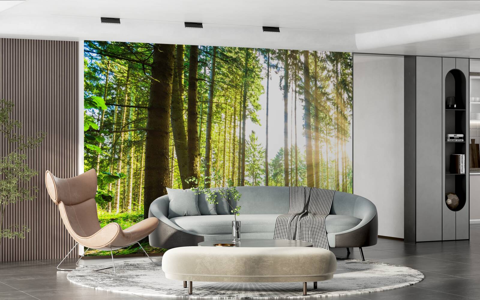 Fototapet razele soarelui pătrund printre copacii înalți