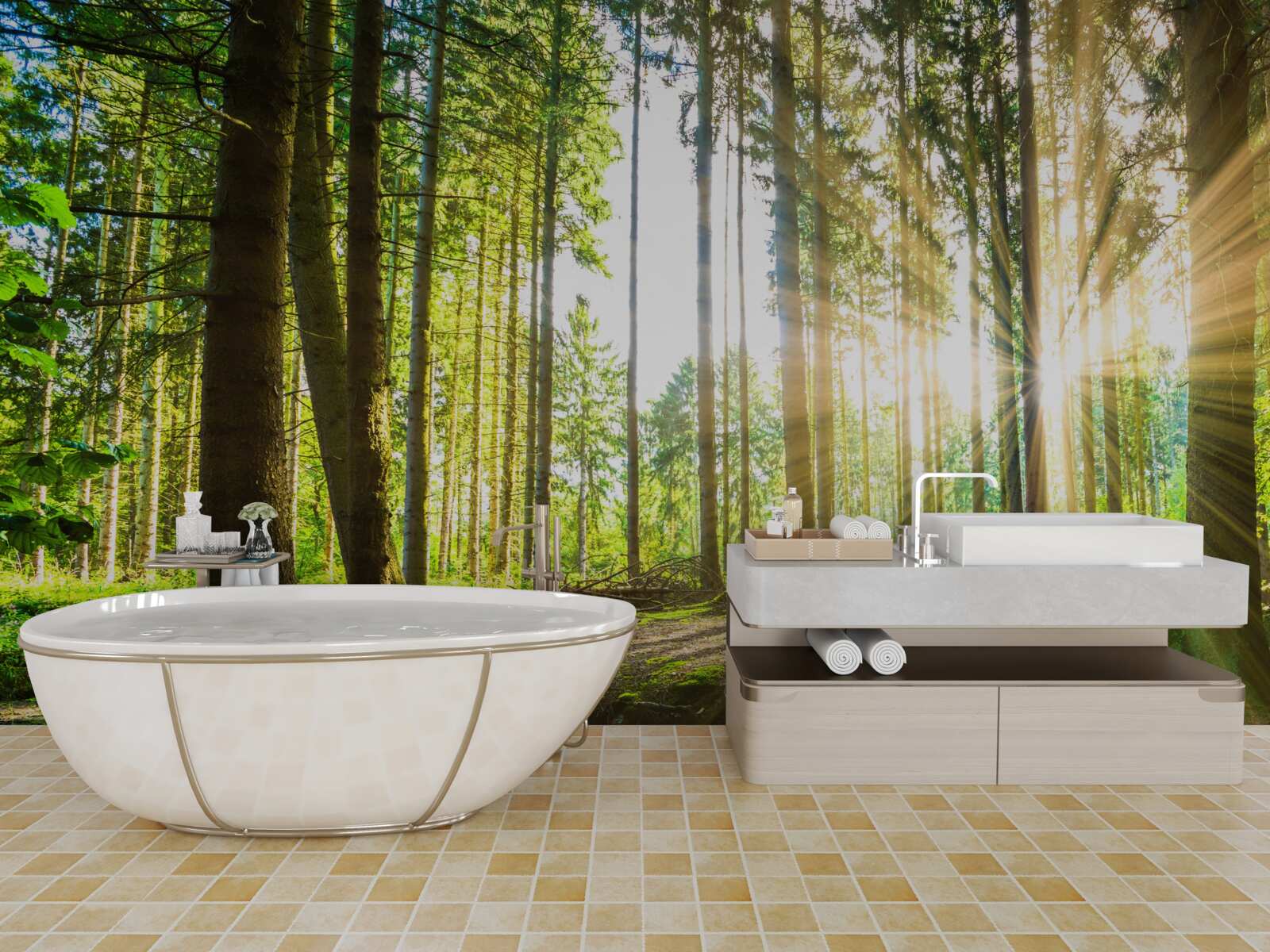 Fototapet razele soarelui pătrund printre copacii înalți