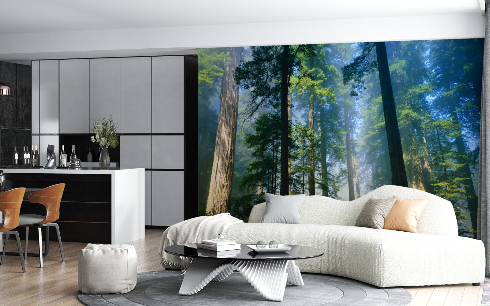 Fototapet strat subțire de ceață printre copacii înalți din pădure