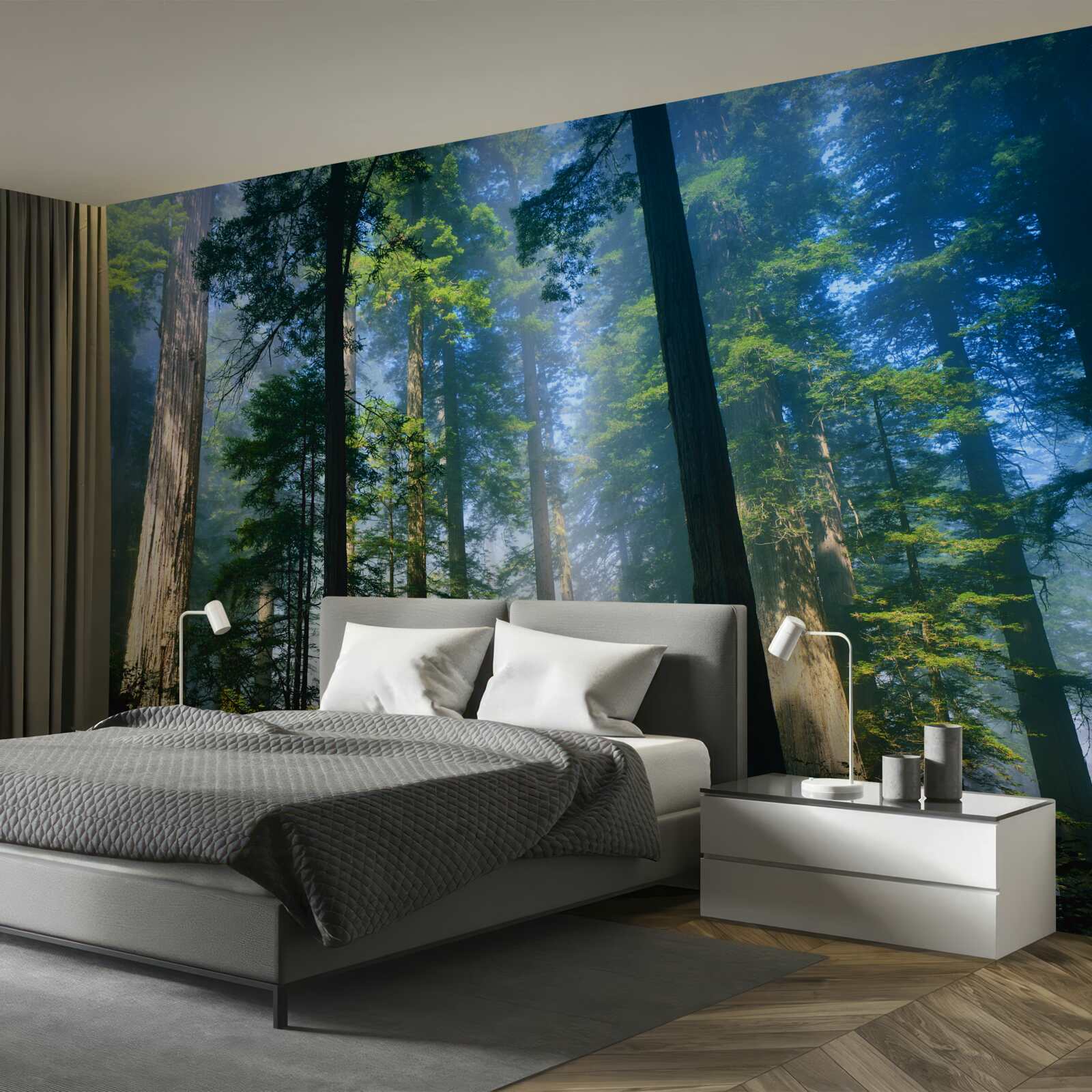 Fototapet strat subțire de ceață printre copacii înalți din pădure