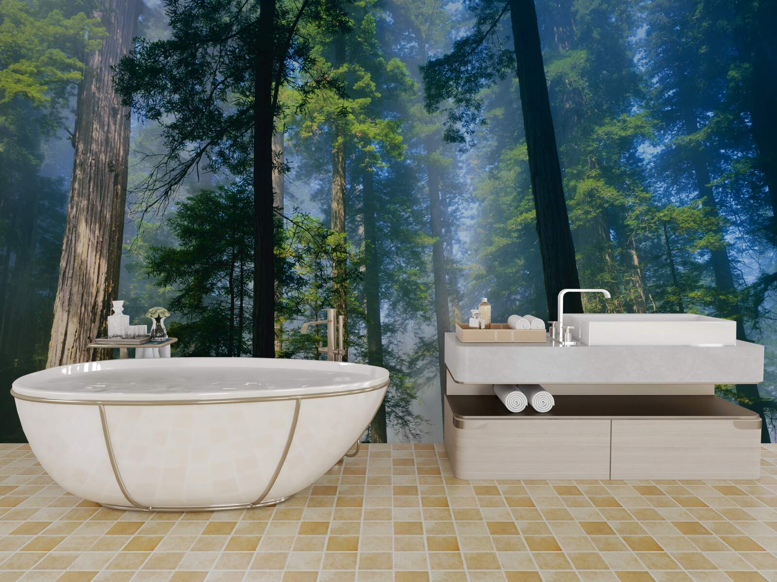 Fototapet strat subțire de ceață printre copacii înalți din pădure