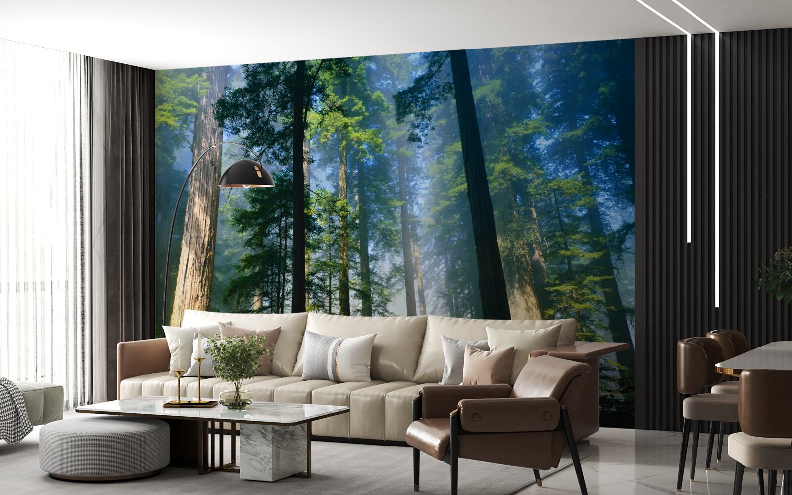 Fototapet strat subțire de ceață printre copacii înalți din pădure