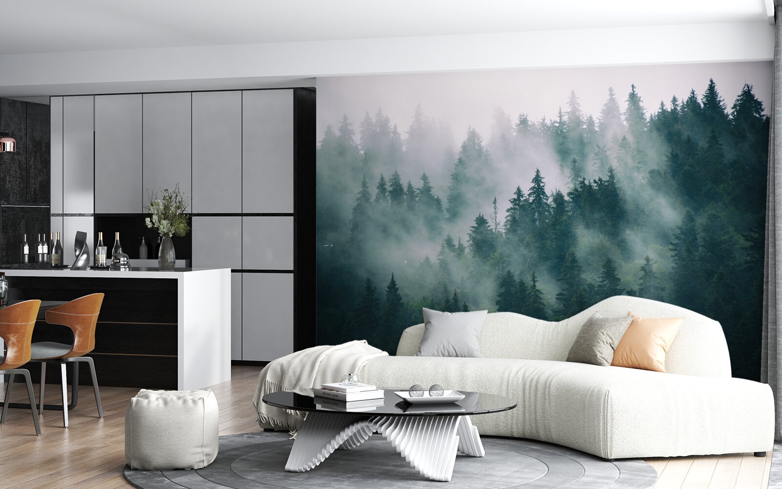 Fototapet oră de dimineață cețoasă într-o pădure de conifere