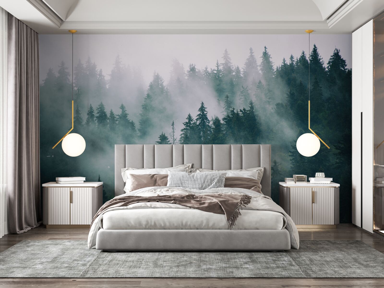 Fototapet oră de dimineață cețoasă într-o pădure de conifere