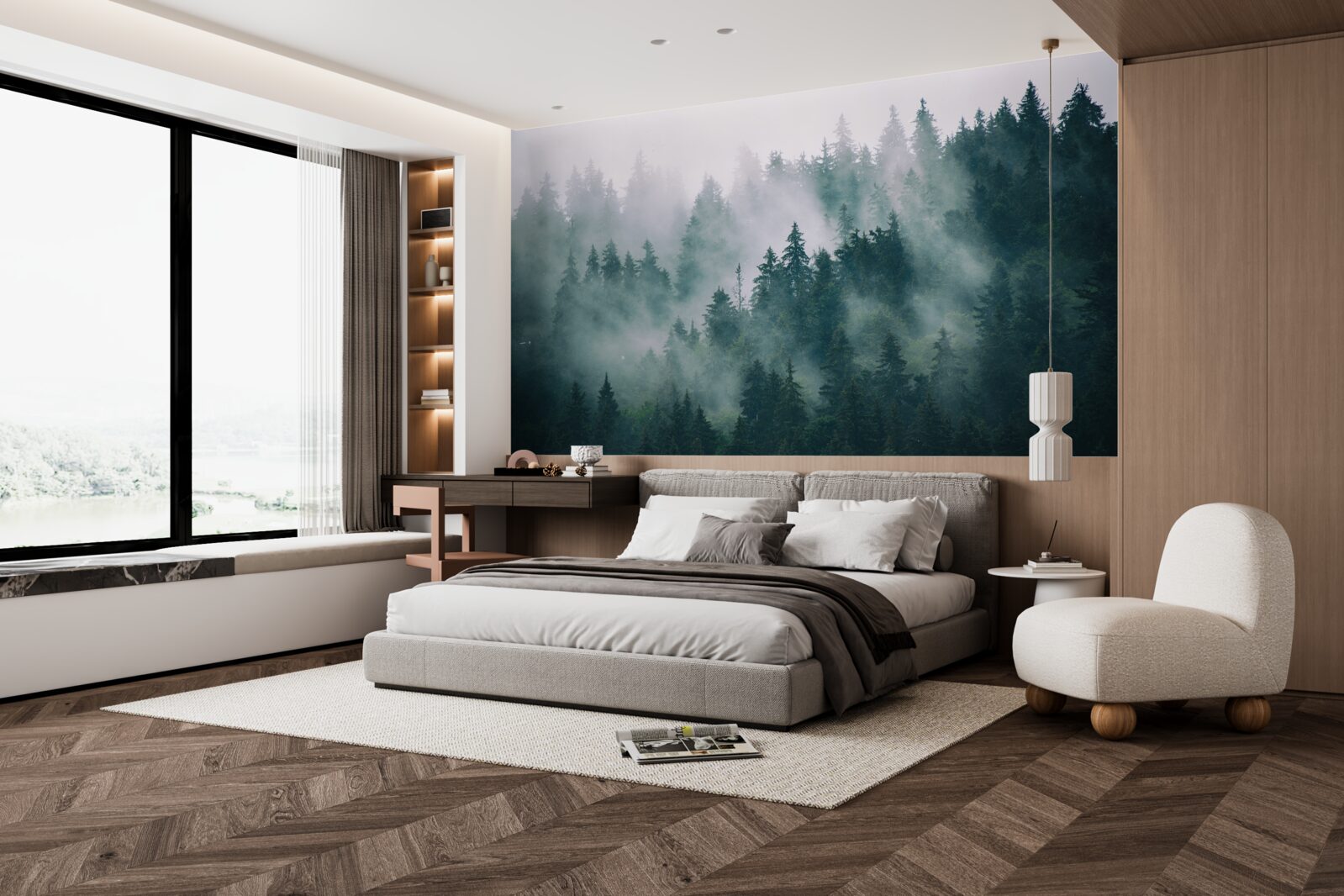 Fototapet oră de dimineață cețoasă într-o pădure de conifere