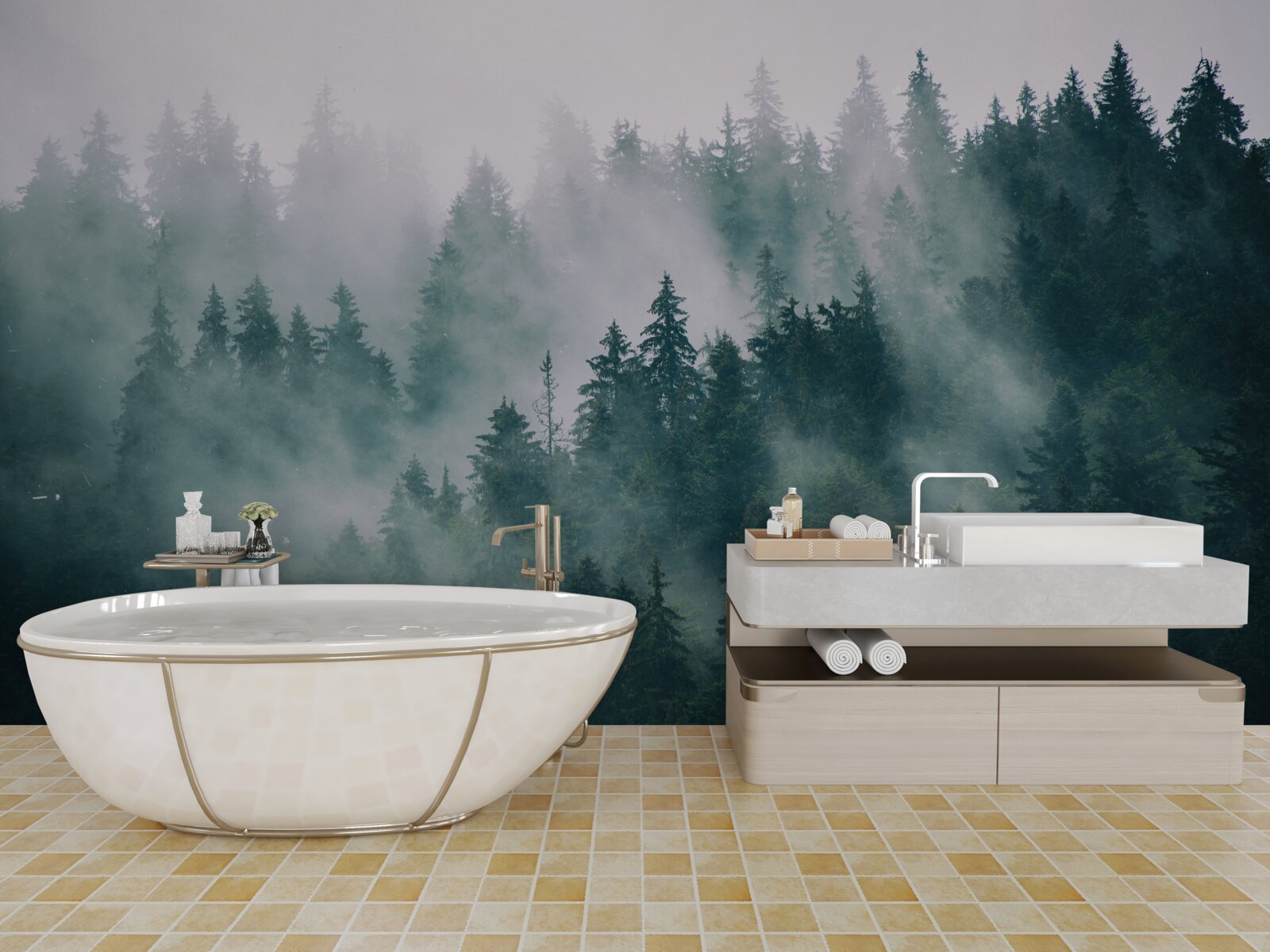 Fototapet oră de dimineață cețoasă într-o pădure de conifere