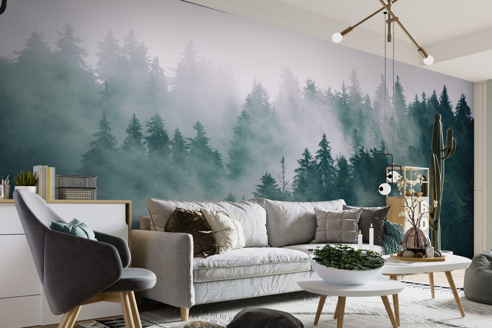 Fototapet oră de dimineață cețoasă într-o pădure de conifere