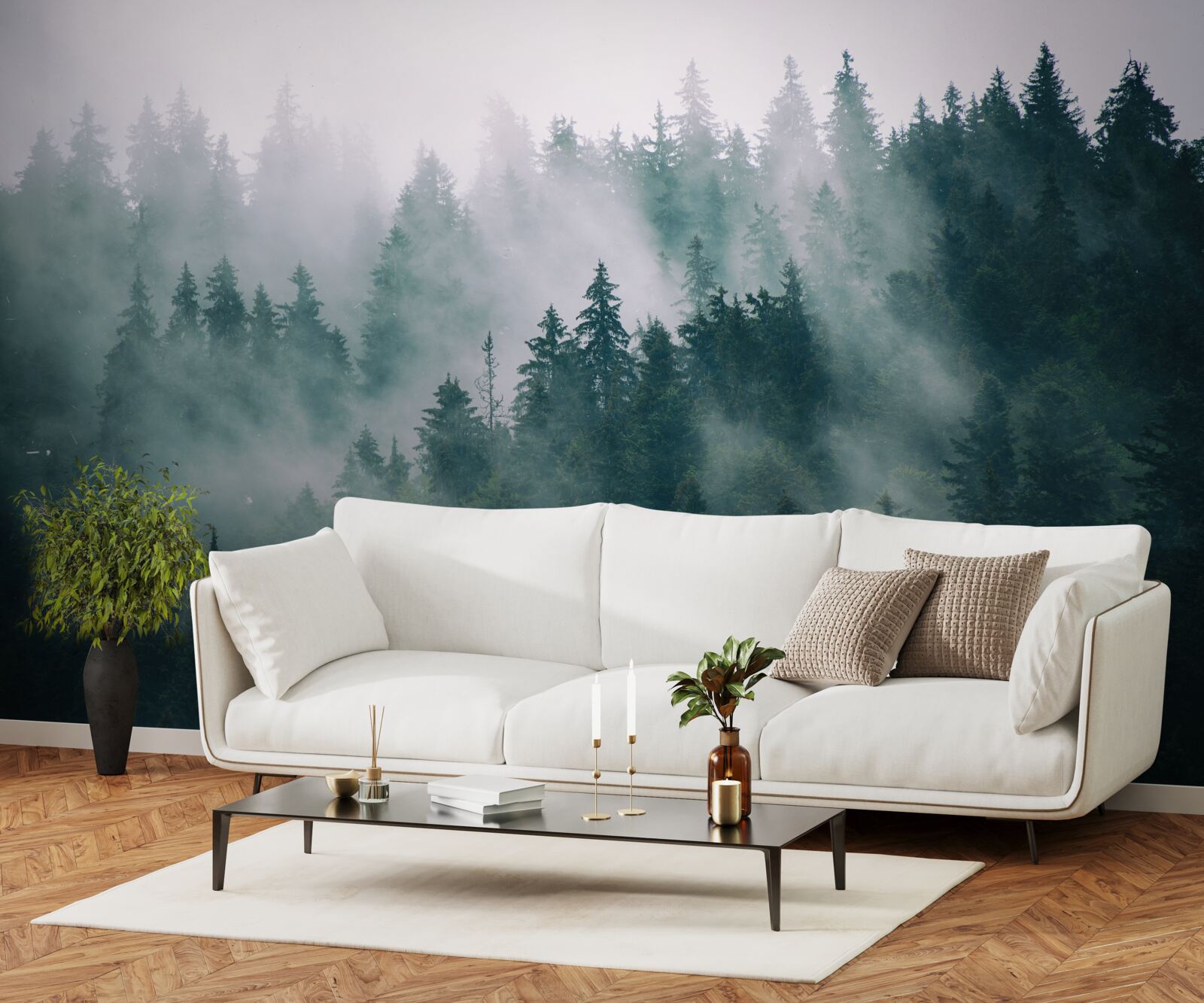 Fototapet oră de dimineață cețoasă într-o pădure de conifere