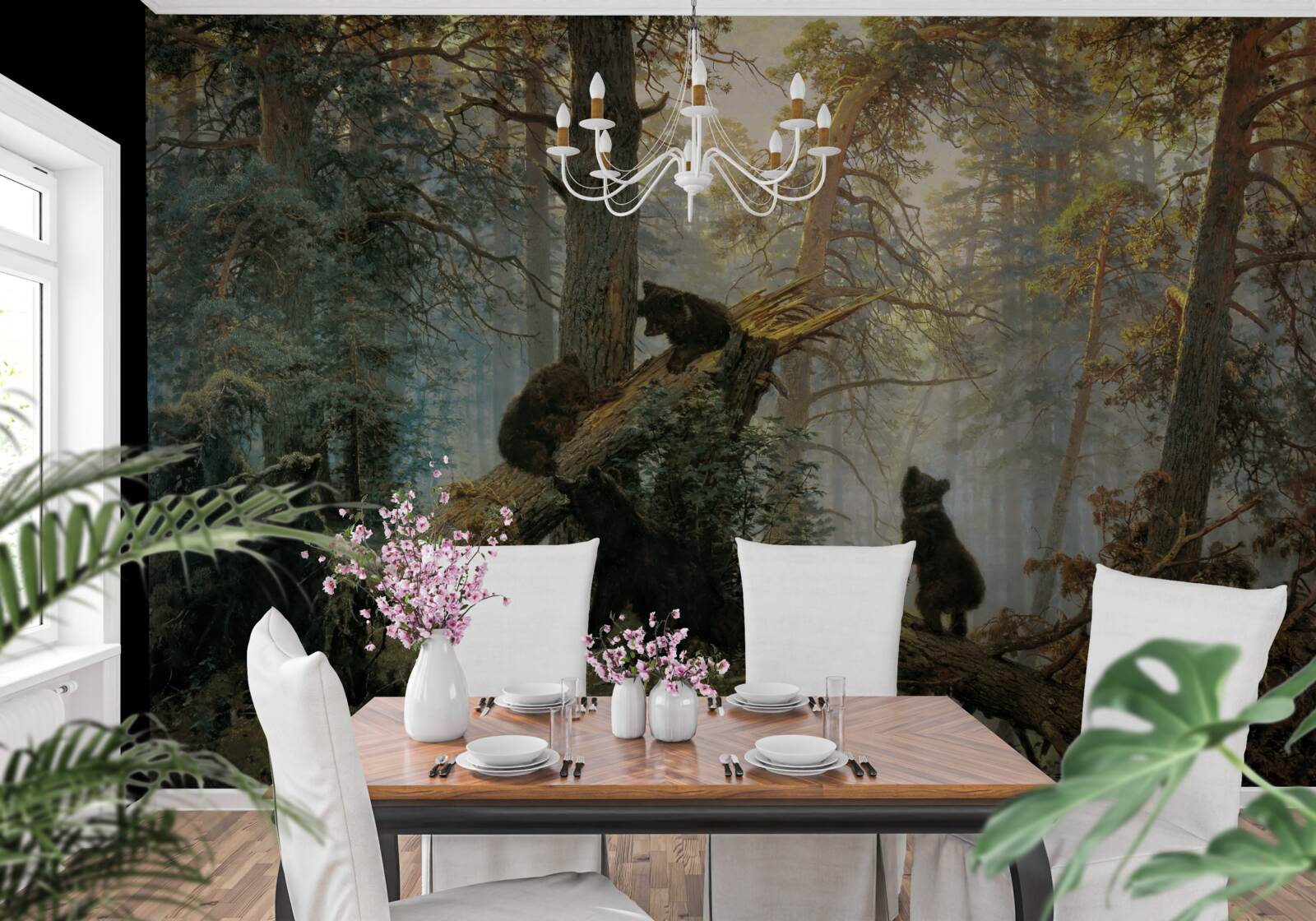 Fototapet Zori într-o pădure în care pinii sunt regi