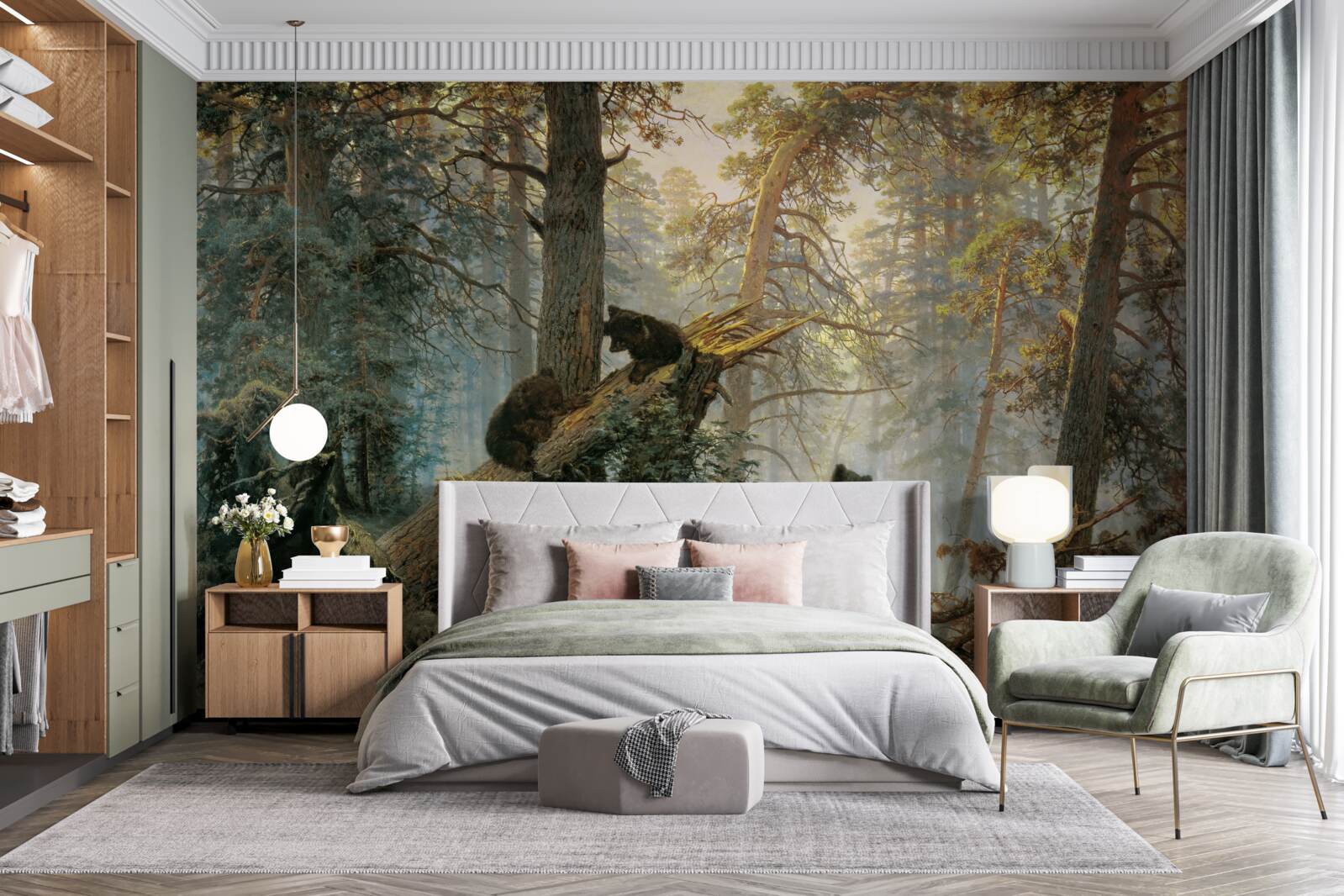 Fototapet Zori într-o pădure în care pinii sunt regi