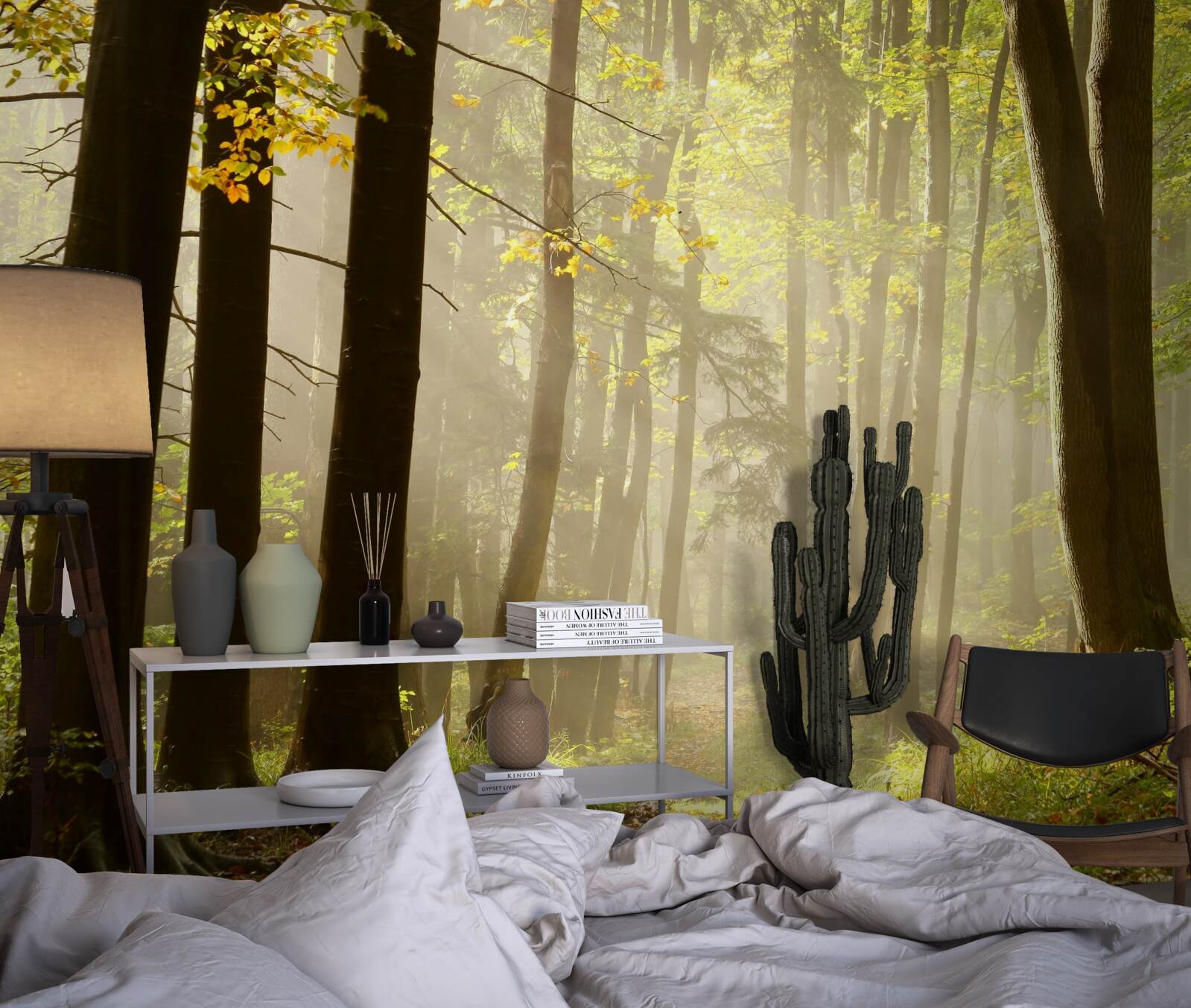 Fototapet razele soarelui de dimineață străpung ceața în deșert