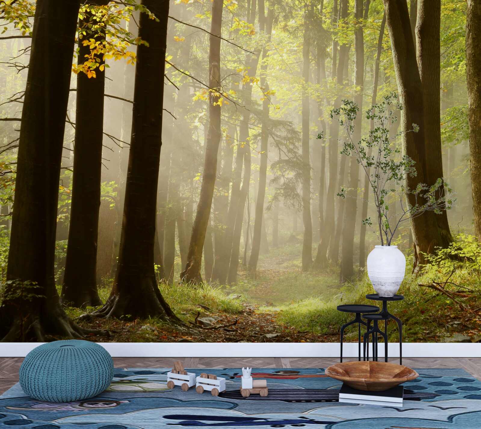 Fototapet razele soarelui de dimineață străpung ceața în deșert