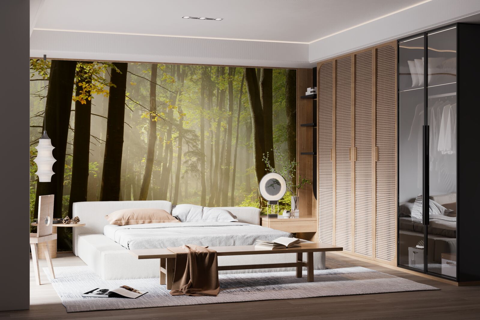 Fototapet razele soarelui de dimineață străpung ceața în deșert