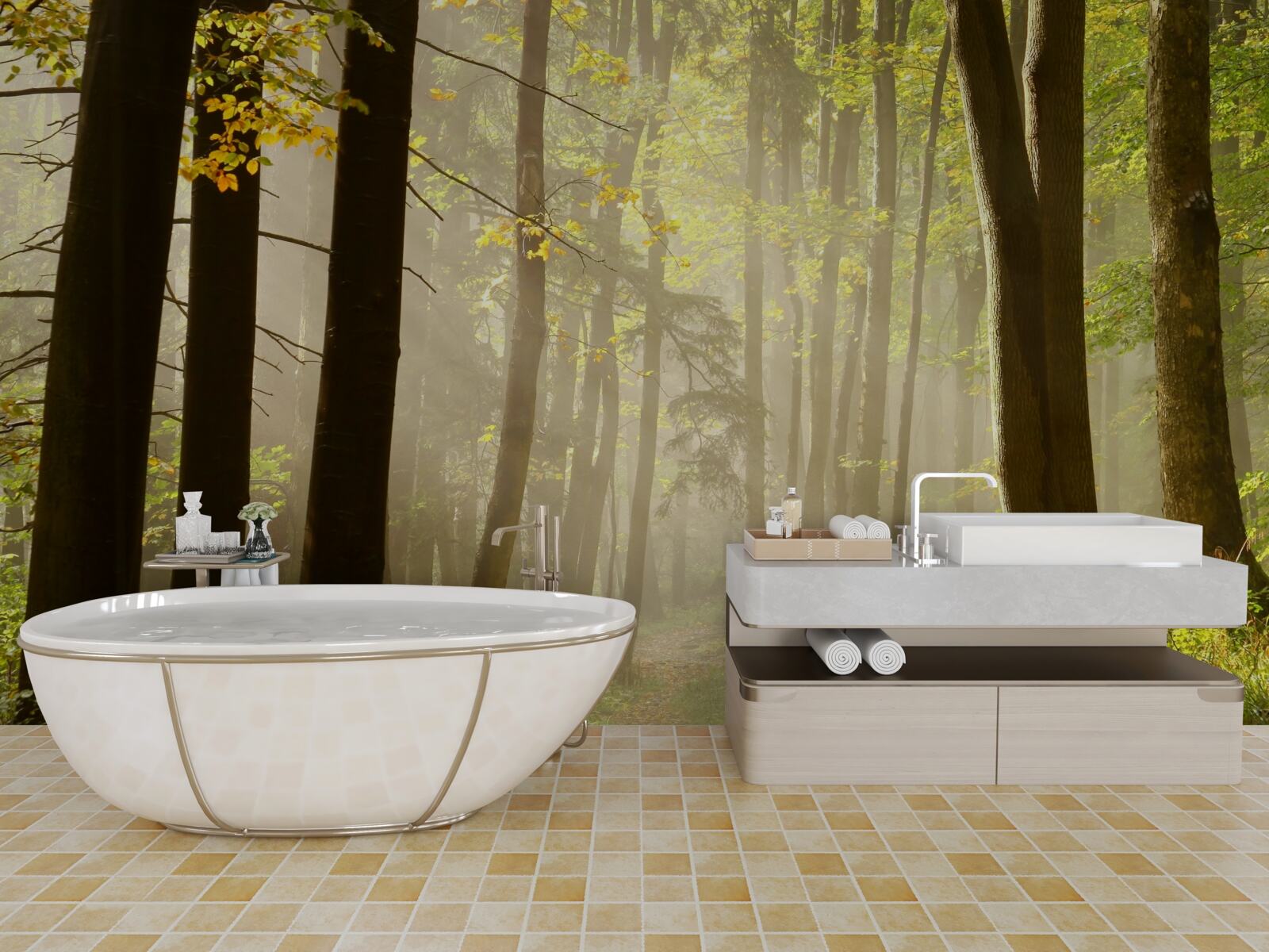 Fototapet razele soarelui de dimineață străpung ceața în deșert