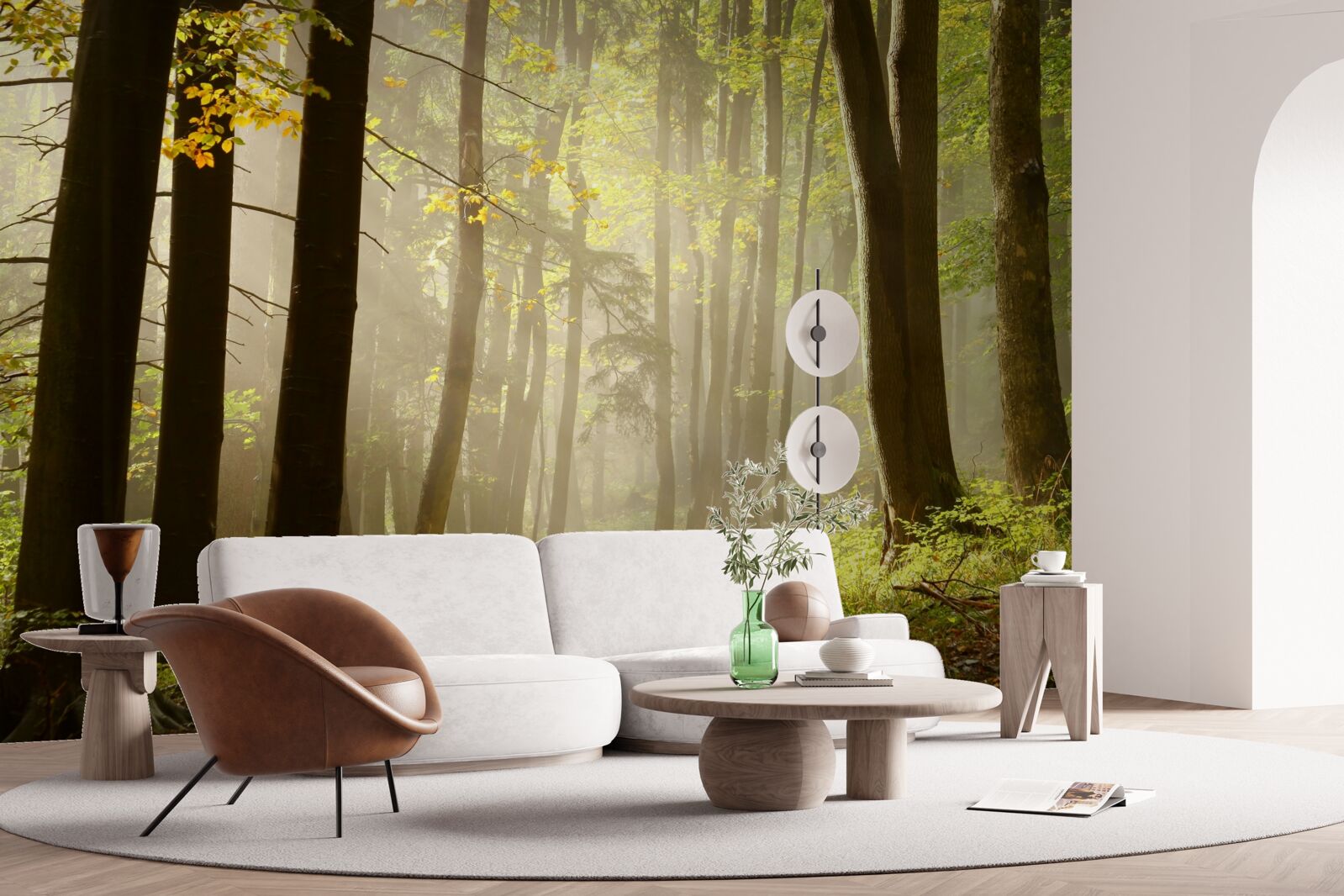 Fototapet razele soarelui de dimineață străpung ceața în deșert