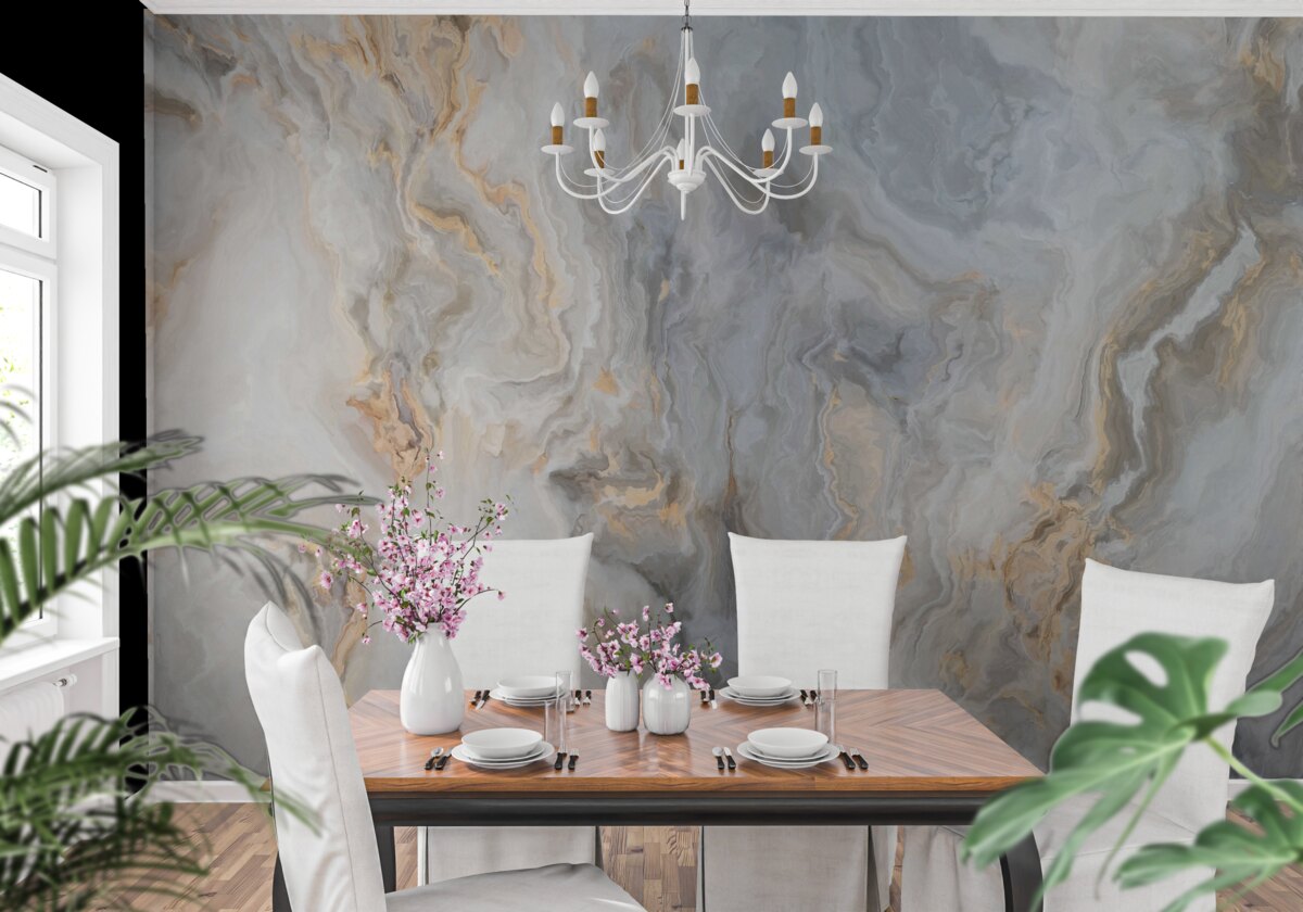 Fototapet fundal gri, decorat cu tonuri aurii