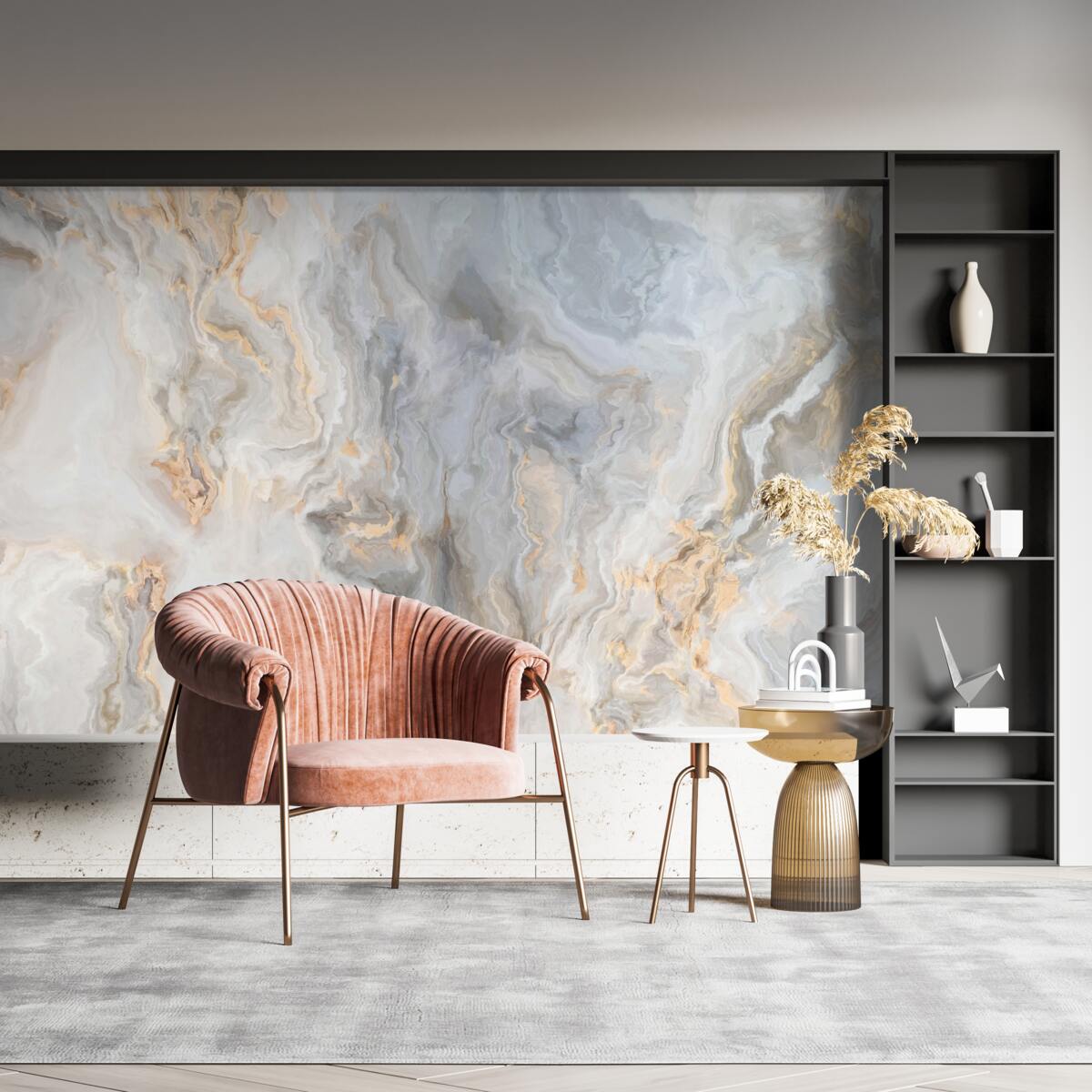 Fototapet fundal gri, decorat cu tonuri aurii