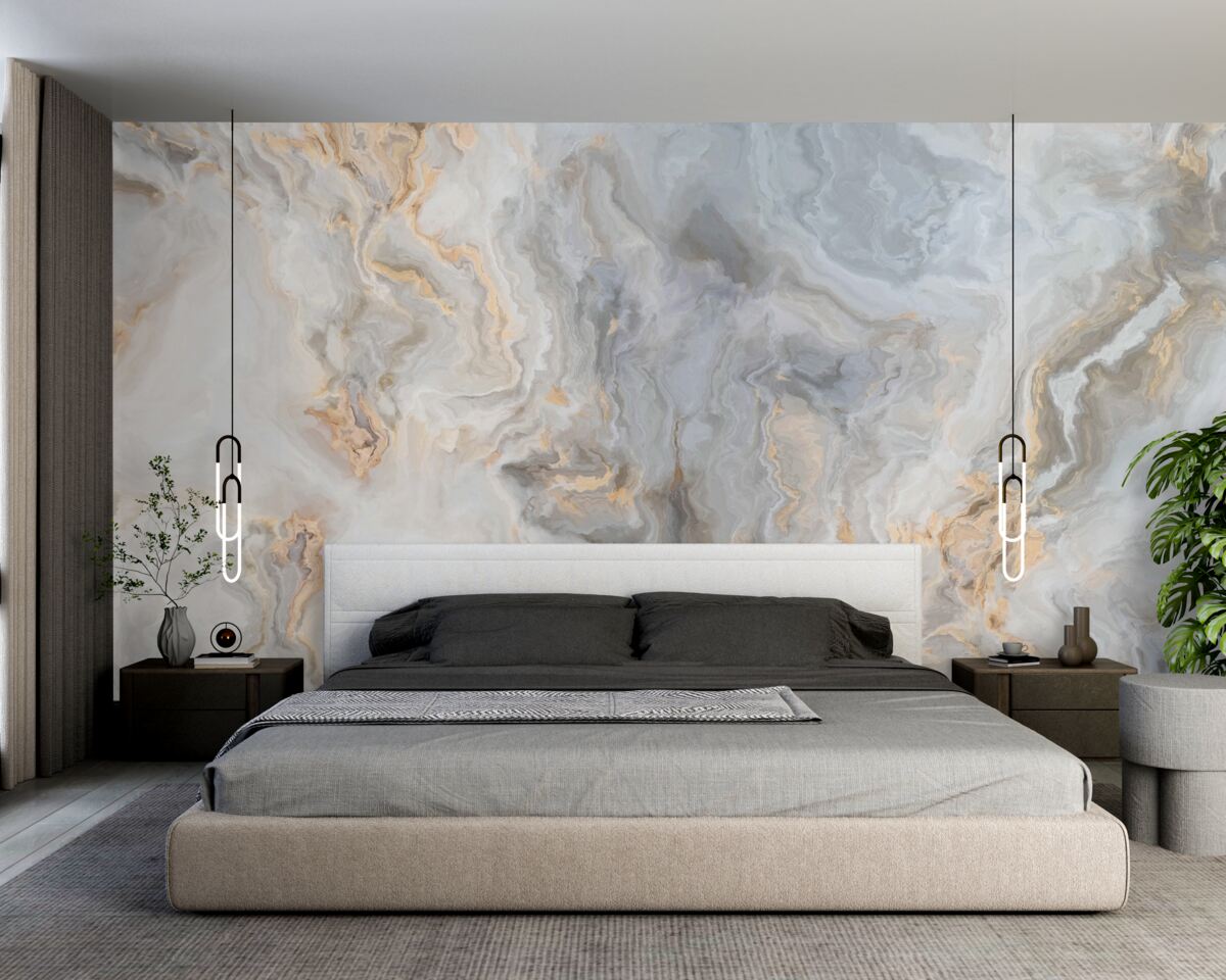 Fototapet fundal gri, decorat cu tonuri aurii