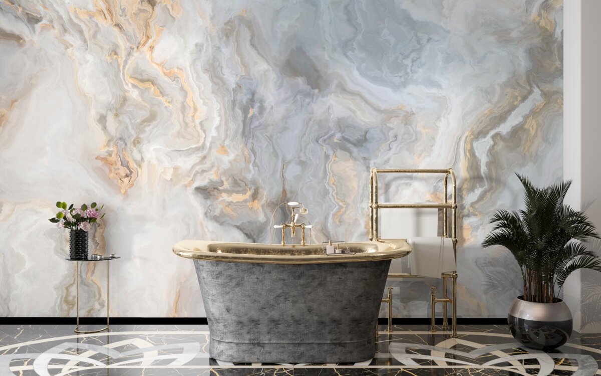 Fototapet fundal gri, decorat cu tonuri aurii