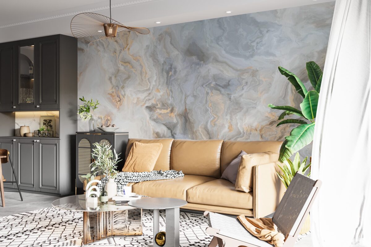 Fototapet fundal gri, decorat cu tonuri aurii