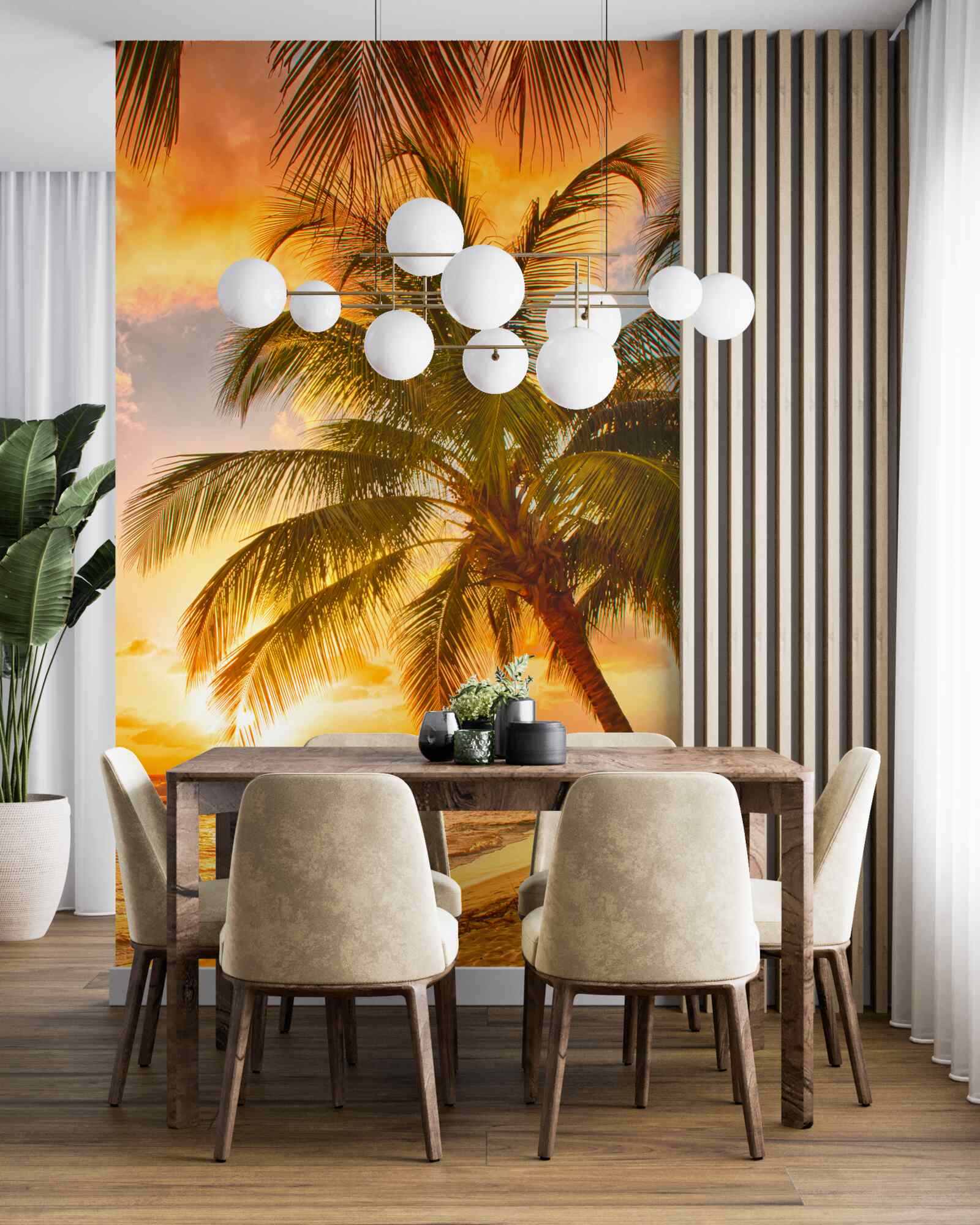 Fototapet apusul de soare luminează un palmier de pe plajă