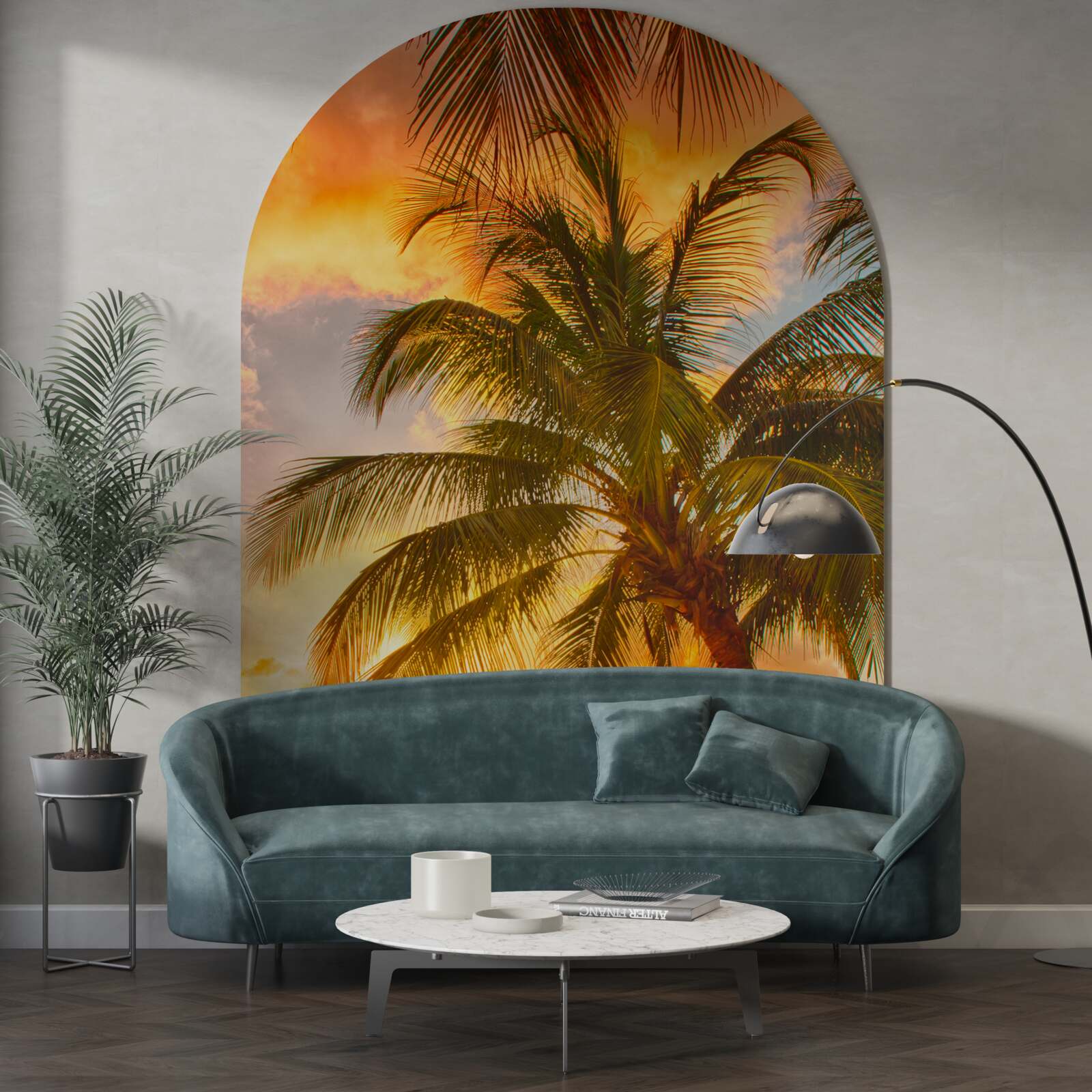 Fototapet apusul de soare luminează un palmier de pe plajă