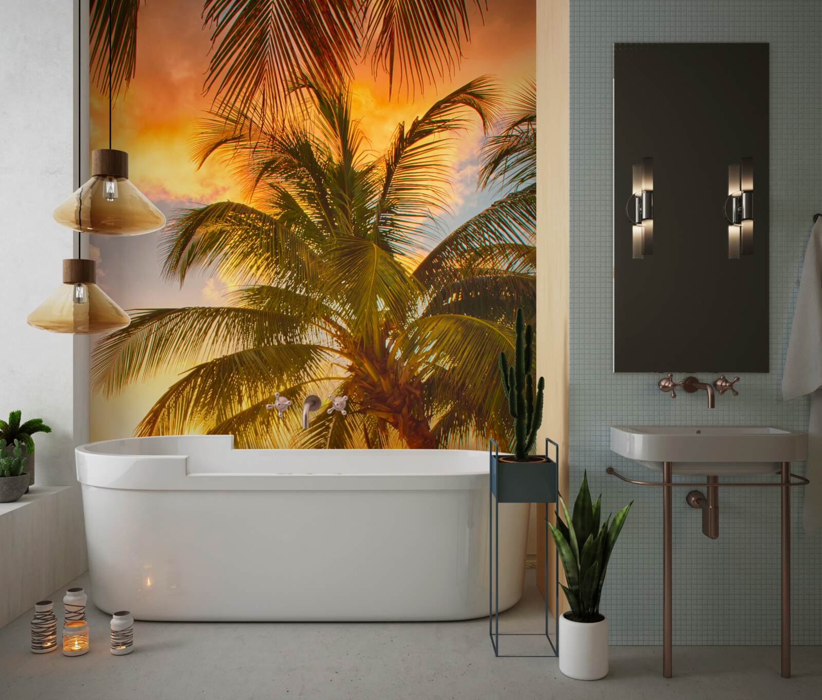 Fototapet apusul de soare luminează un palmier de pe plajă