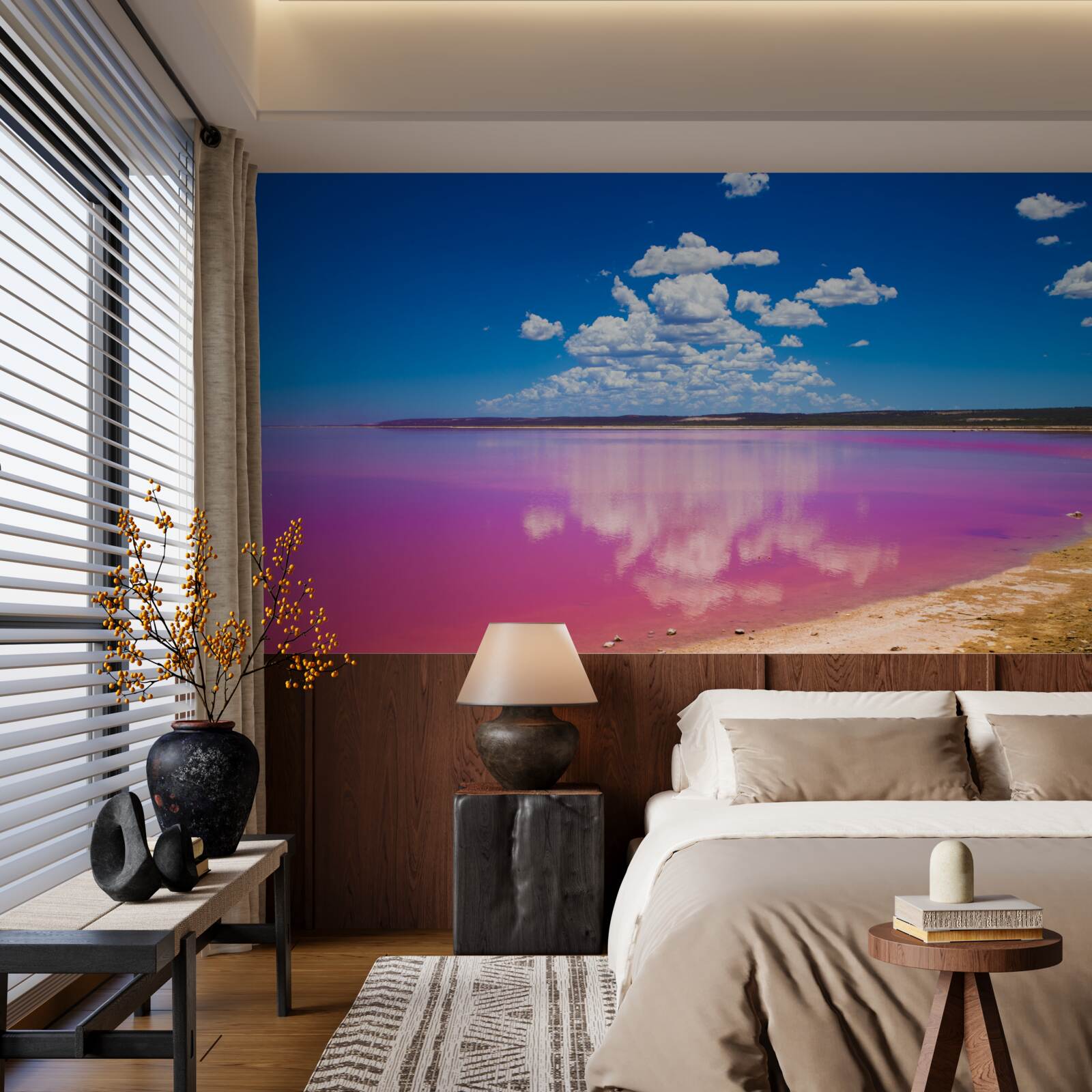 Fototapet laguna hutt cu ape roz