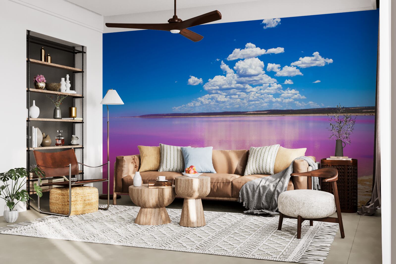 Fototapet laguna hutt cu ape roz