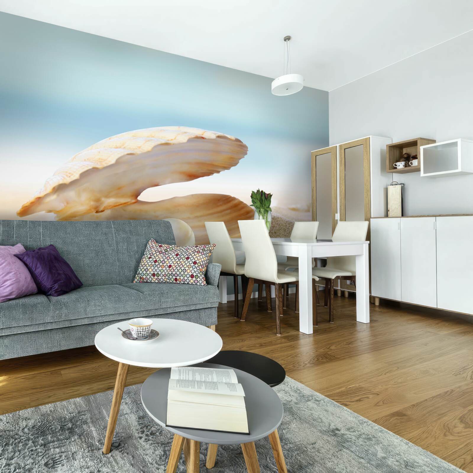 Fototapet perlă în cochilia unei scoici pe coastă