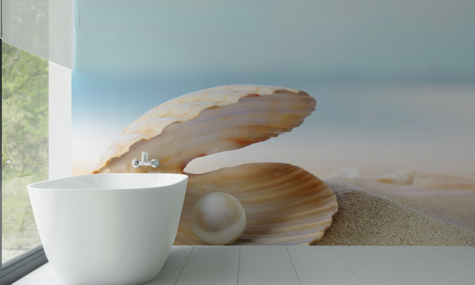 Fototapet perlă în cochilia unei scoici pe coastă