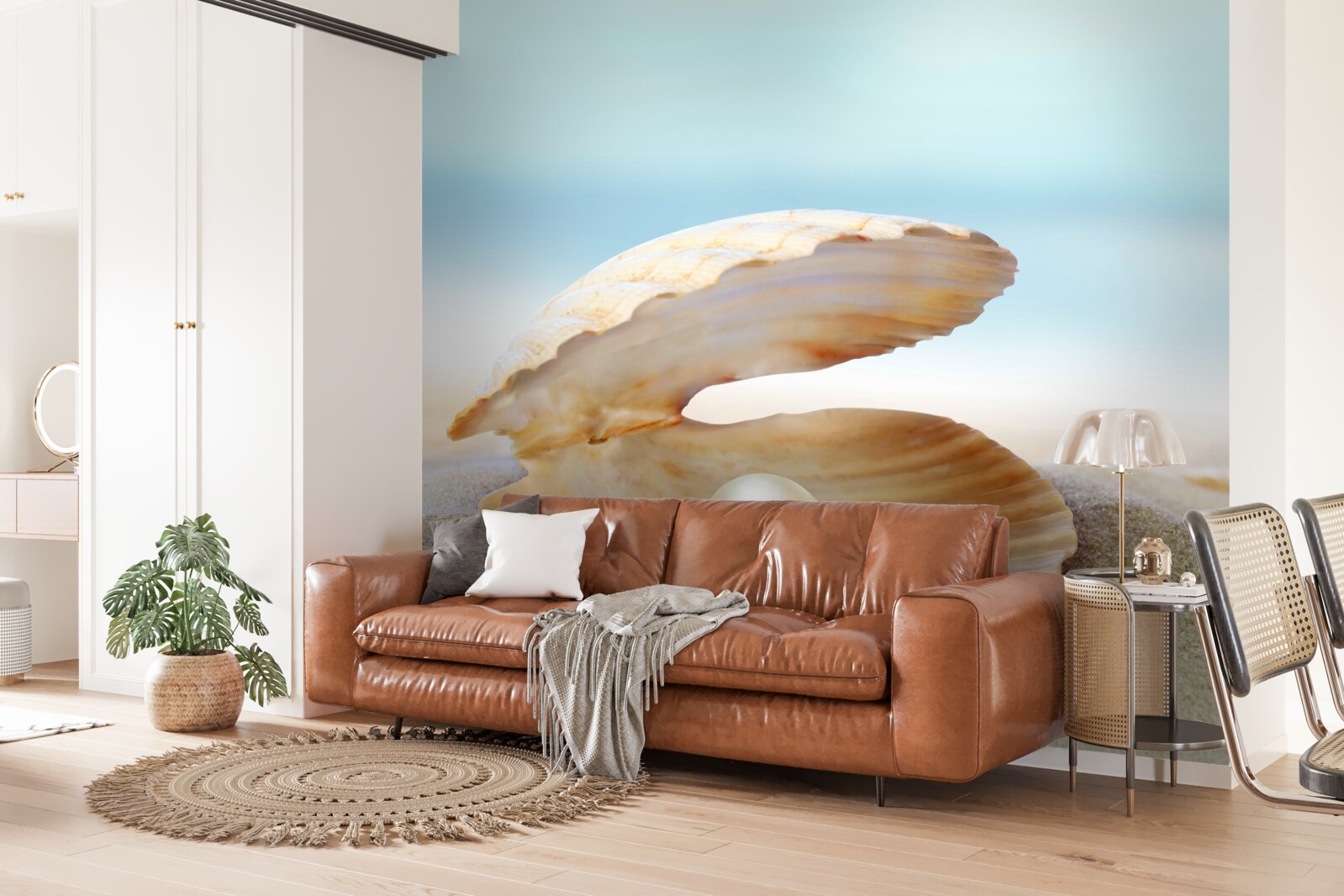 Fototapet perlă în cochilia unei scoici pe coastă