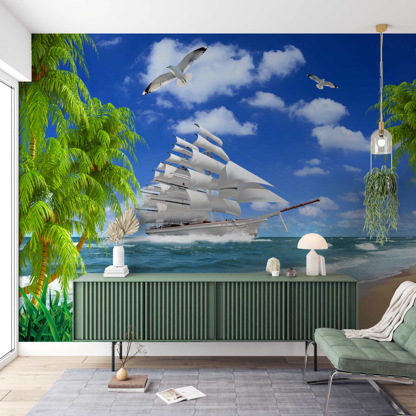 Fototapet navă și copaci tropicali