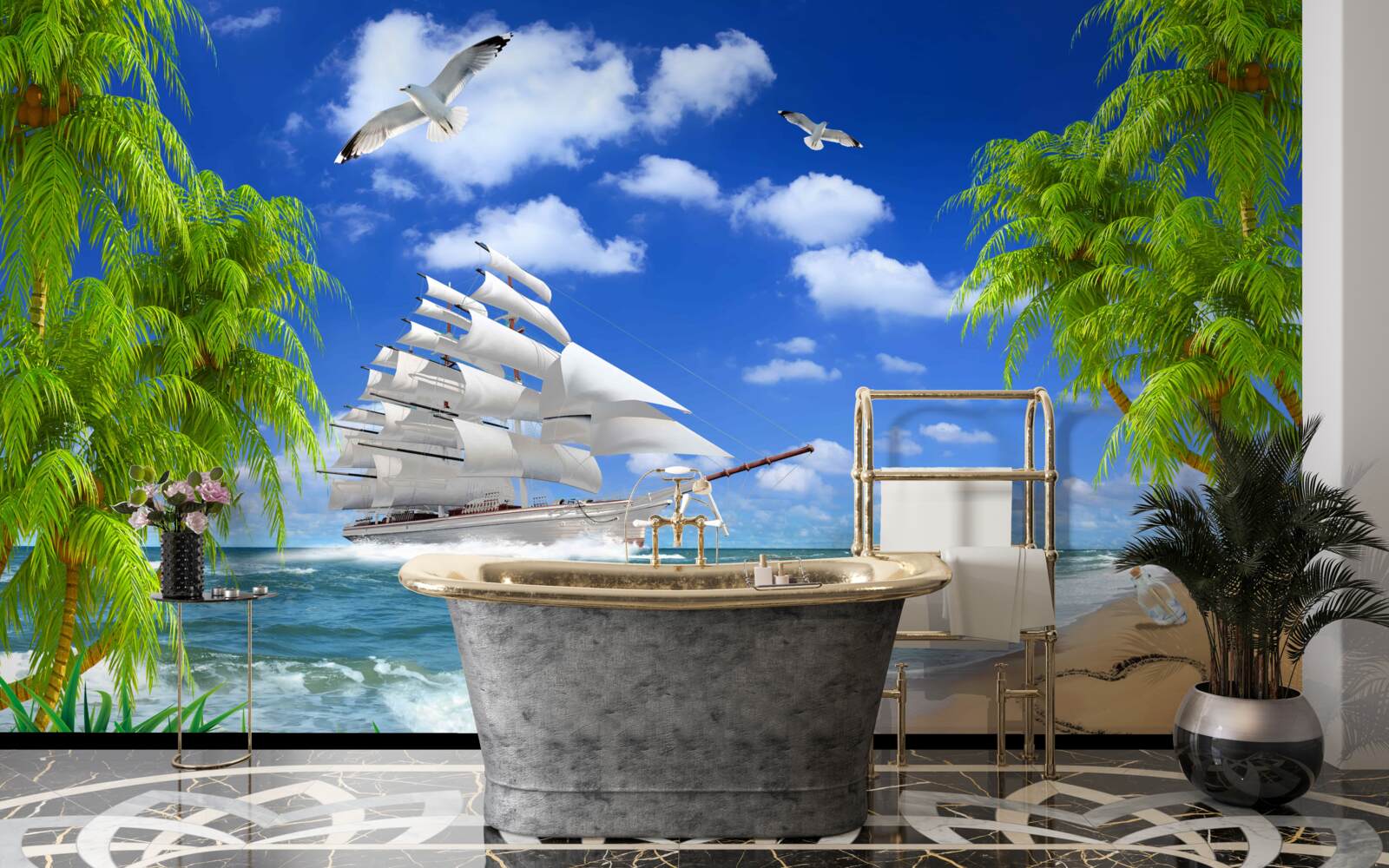 Fototapet navă și copaci tropicali