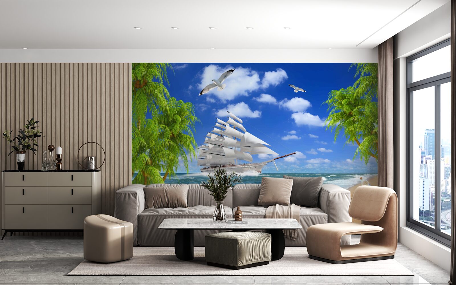 Fototapet navă și copaci tropicali